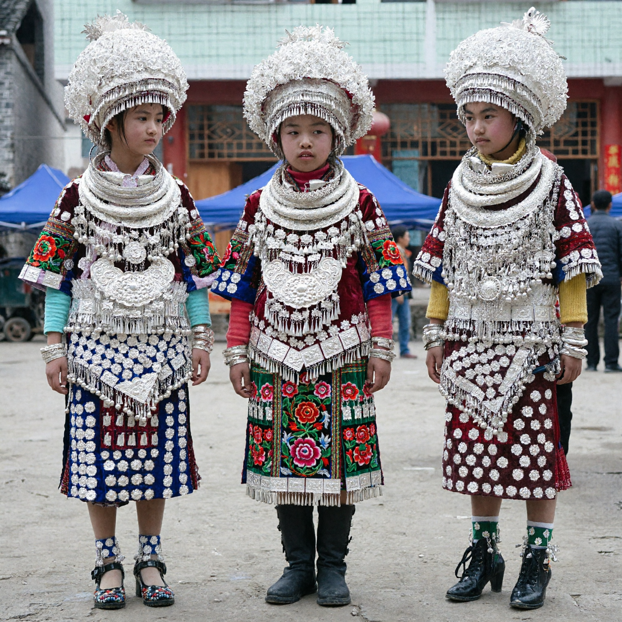 طقم غطاء رأس فضية وتطريز من أقلية مياو الصينية التقليدية للفتيات لأداء رقص المهرجان - Asian Costume