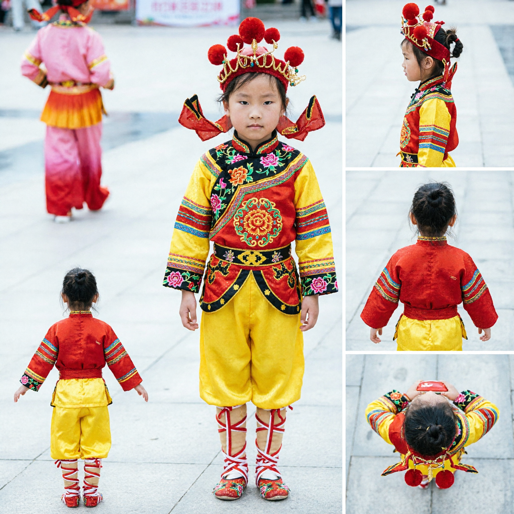 Traje Tradicional de Danza Yangge Chino para Niños, Conjunto de Ropa Amarilla y Roja para Festivales Folclóricos y Presentaciones con Zancos - Asian Costume