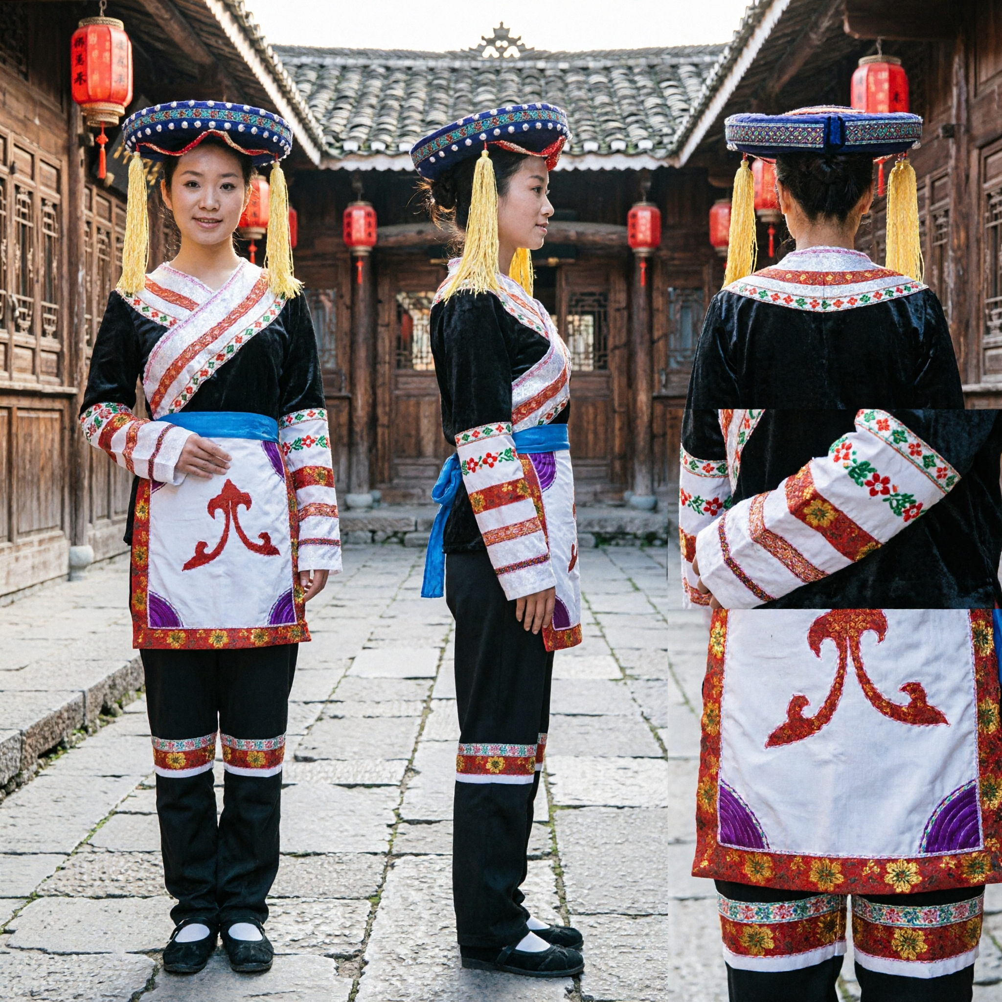 Traditioneel Chinese Yi Etnische Minderheid Volksdanskostuum Compleet Set met Hoed en Schort voor Vrouwen Podiumoptreden - Asian Costume