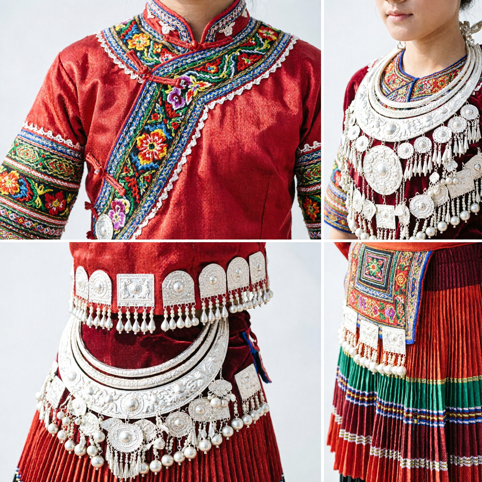 Costume Tradizionale Cinese per Danza Etnica Miao per Donne, Abito Rosso per Spettacoli con Copricapo d'Argento - Asian Costume