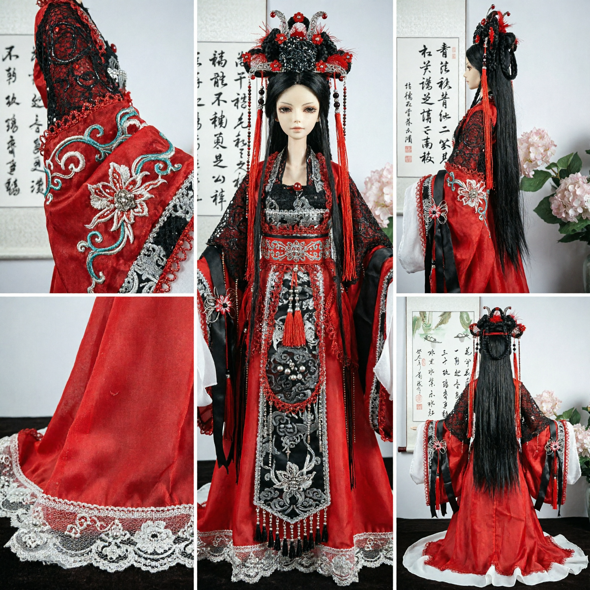 Ensemble de costume Hanfu ancien chinois traditionnel rouge et noir pour poupée BJD avec coiffe élaborée - Asian Costume