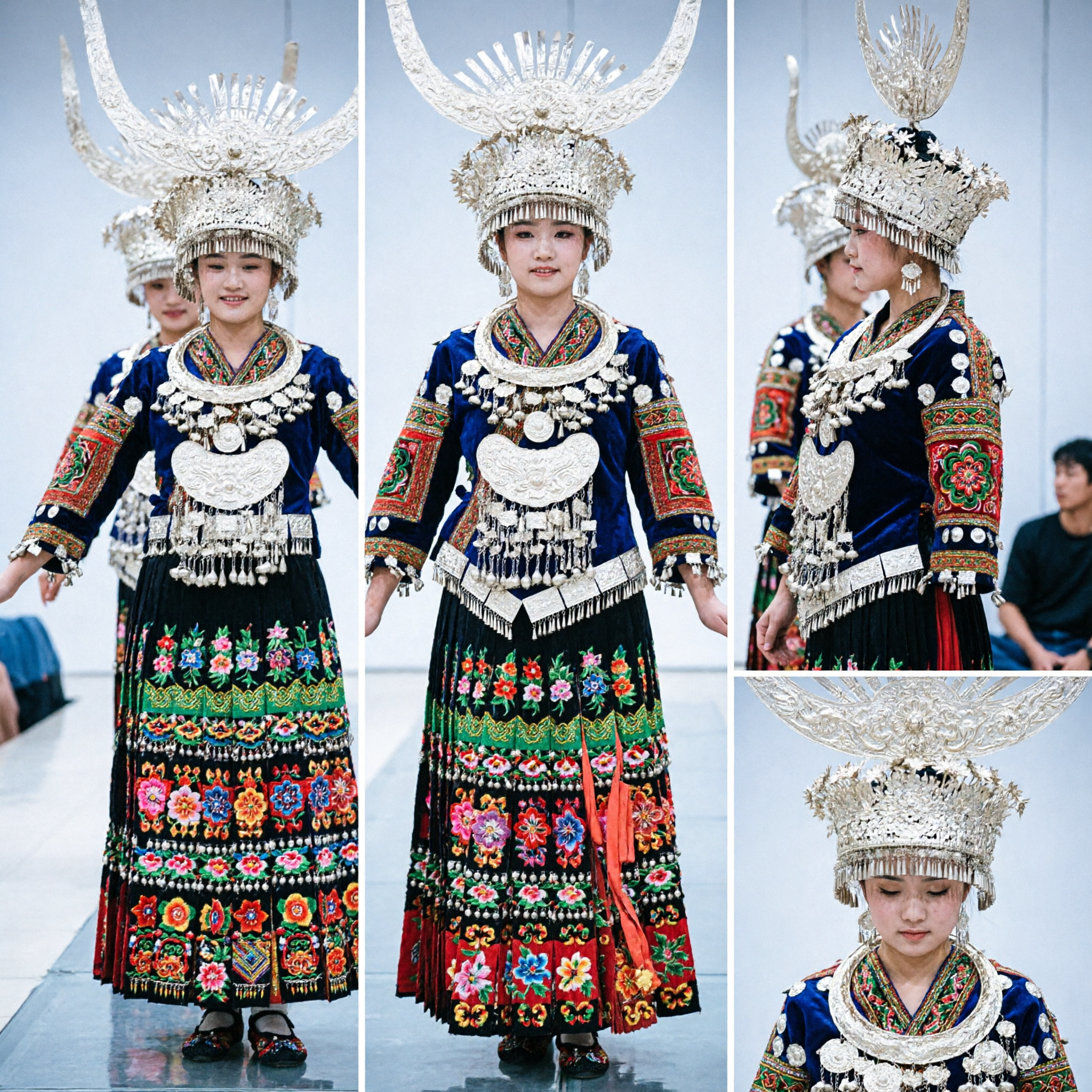 Traje Tradicional Chinês da Minoria Miao para Performance no Palco para Mulheres com Toucado de Prata Ornado e Vestido Bordado - Asian Costume