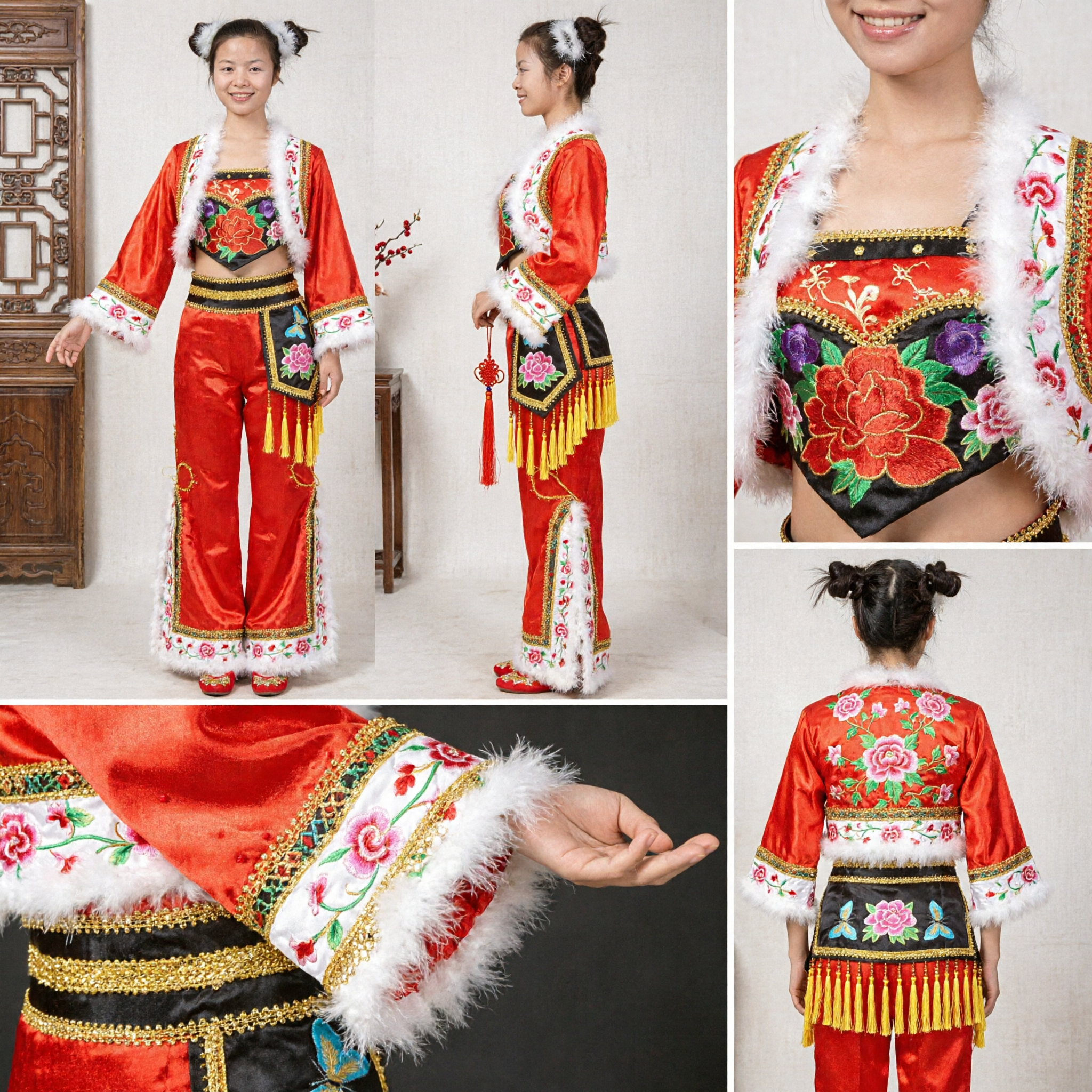 Traje Tradicional Chinês Vermelho de Dança Folclórica para Mulheres Fantasia de Dança Yangge com Leque com Bordado Floral e Aplicação de Pele - Asian Costume