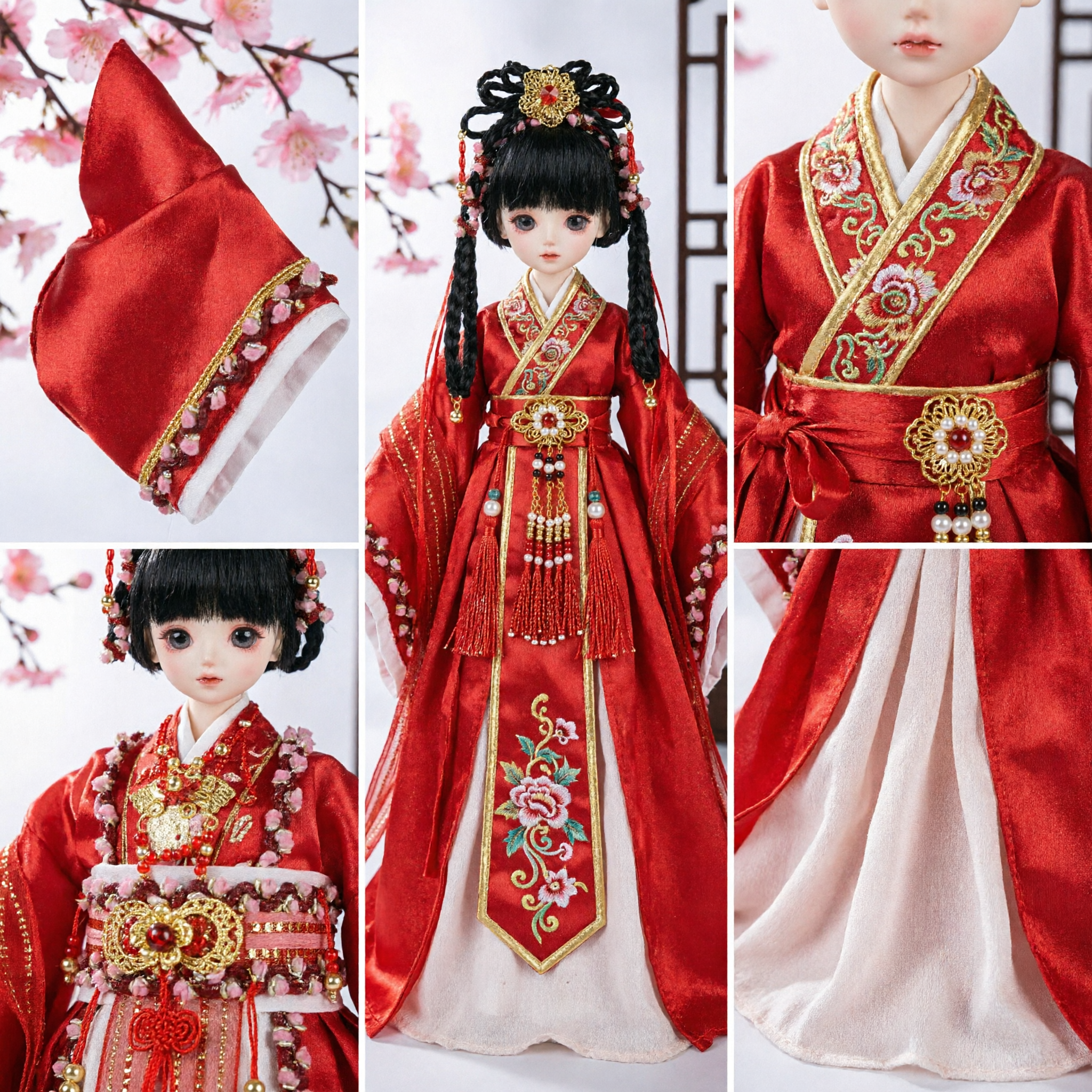 زي هانفو صيني تقليدي أحمر لدمى BJD، فستان زفاف أميرة قديم مع مجوهرات - Asian Costume