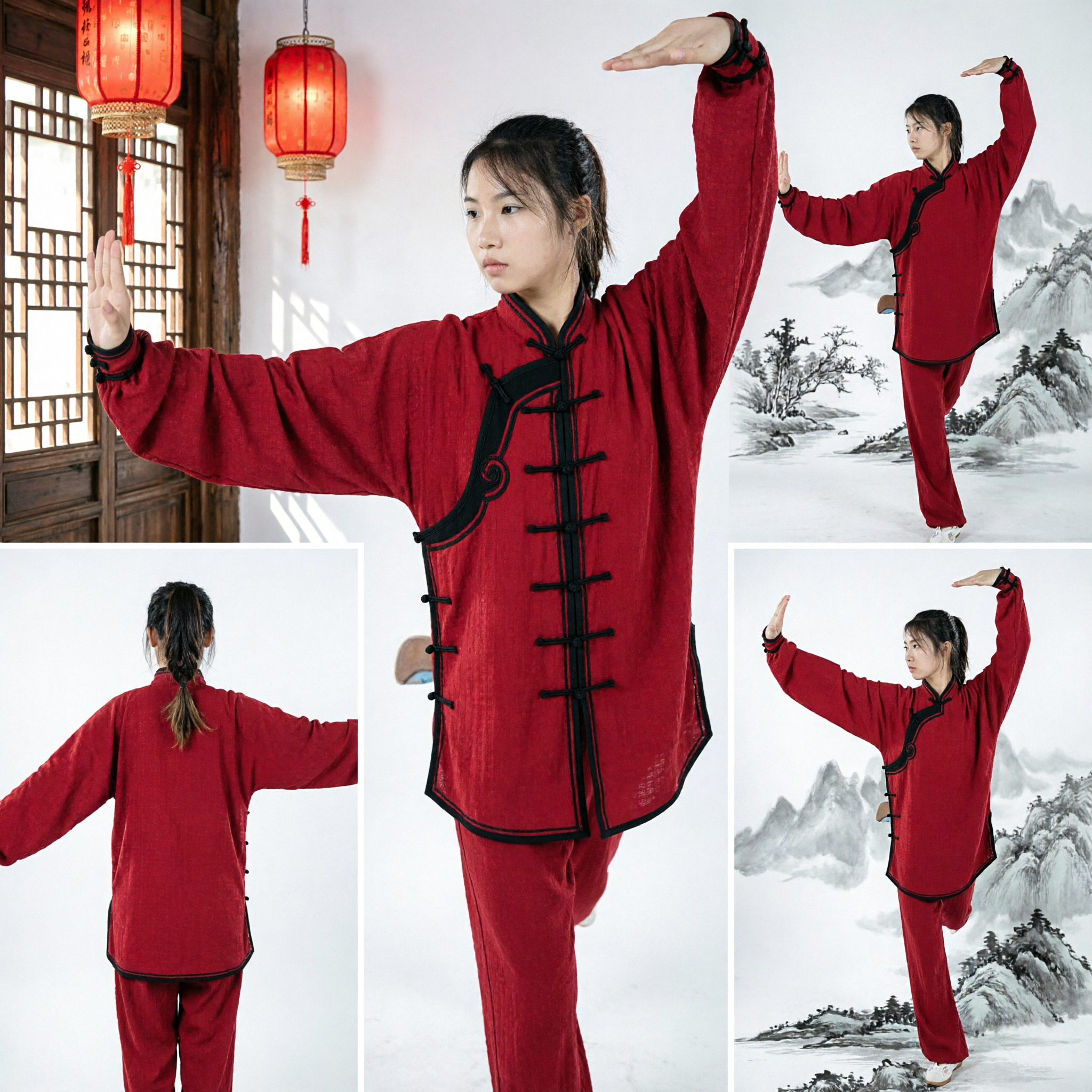 Traditionelle rote Kung-Fu-Uniform für Damen Tai-Chi-Anzug Kampfkunst-Wushu-Bekleidung mit schwarzem Besatz - Asian Costume