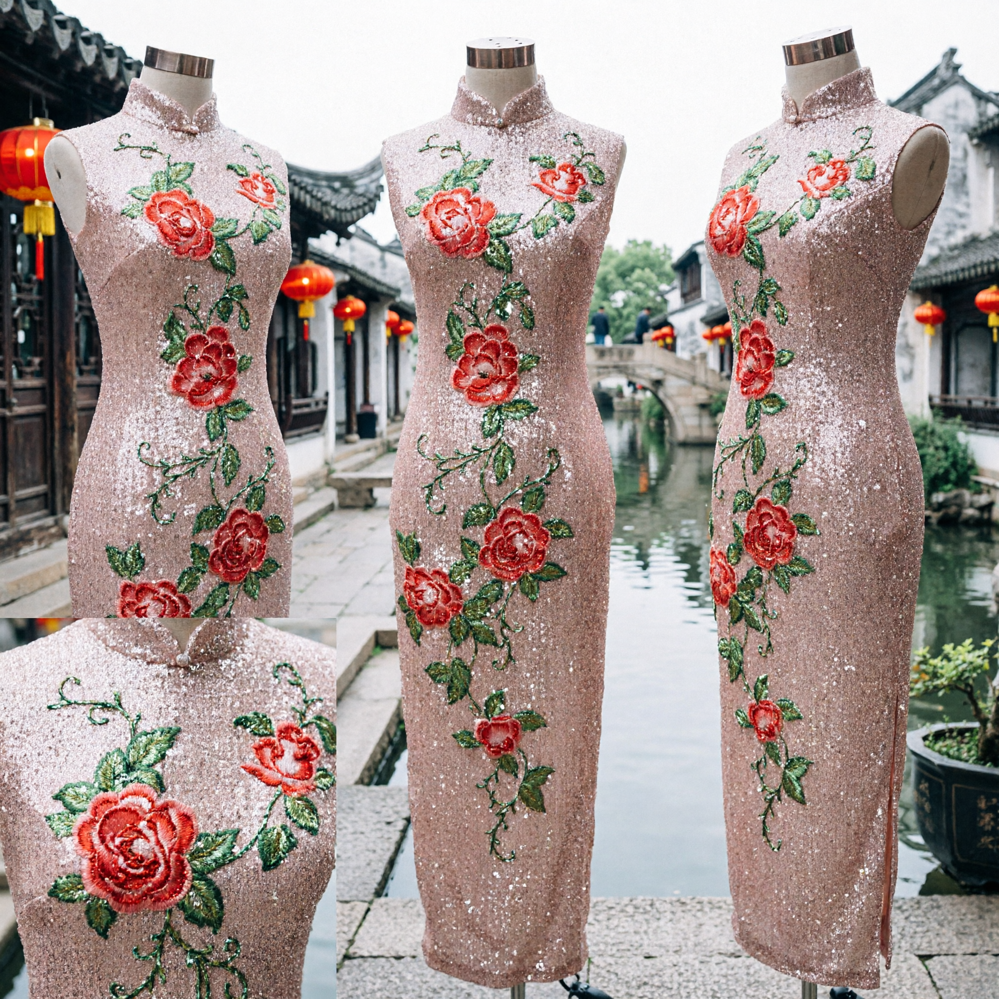 빨간 모란 자수가 있는 반짝이는 핑크 시퀸 치파오 드레스 여성용 긴 포멀 이브닝 가운 - Asian Costume