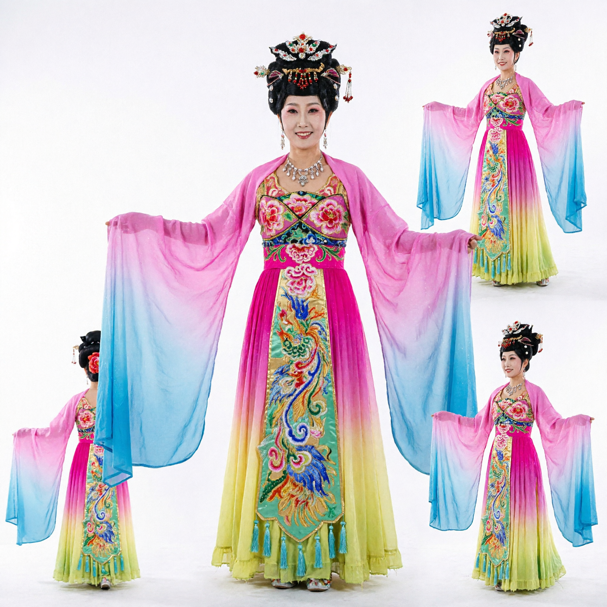 Traje de Danza Tradicional China de Cintas Colorido, Vestido para Presentación en Escenario de Mujer con Mangas Largas de Seda para Festivales - Asian Costume