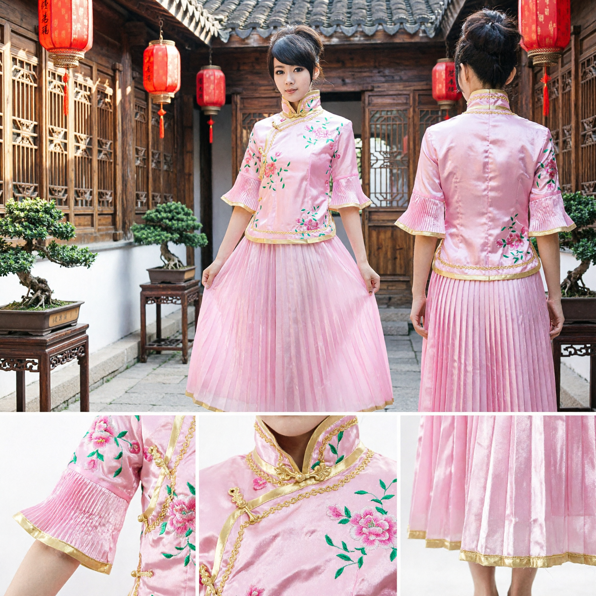 Conjunto de Danza Tradicional China para Mujer con Top Tang Rosa Bordado Floral y Falda Plisada - Asian Costume
