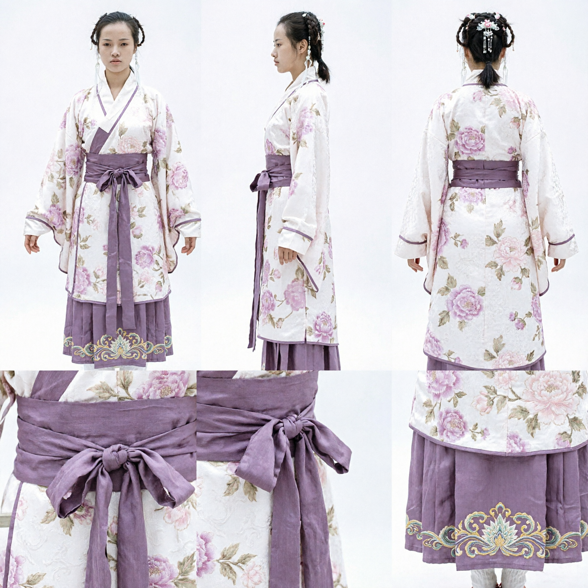 Women's Traditional Chinese Hanfu Martial Arts Uniform White Floral Sword Dance Costume with Purple Sash - Asian Costume