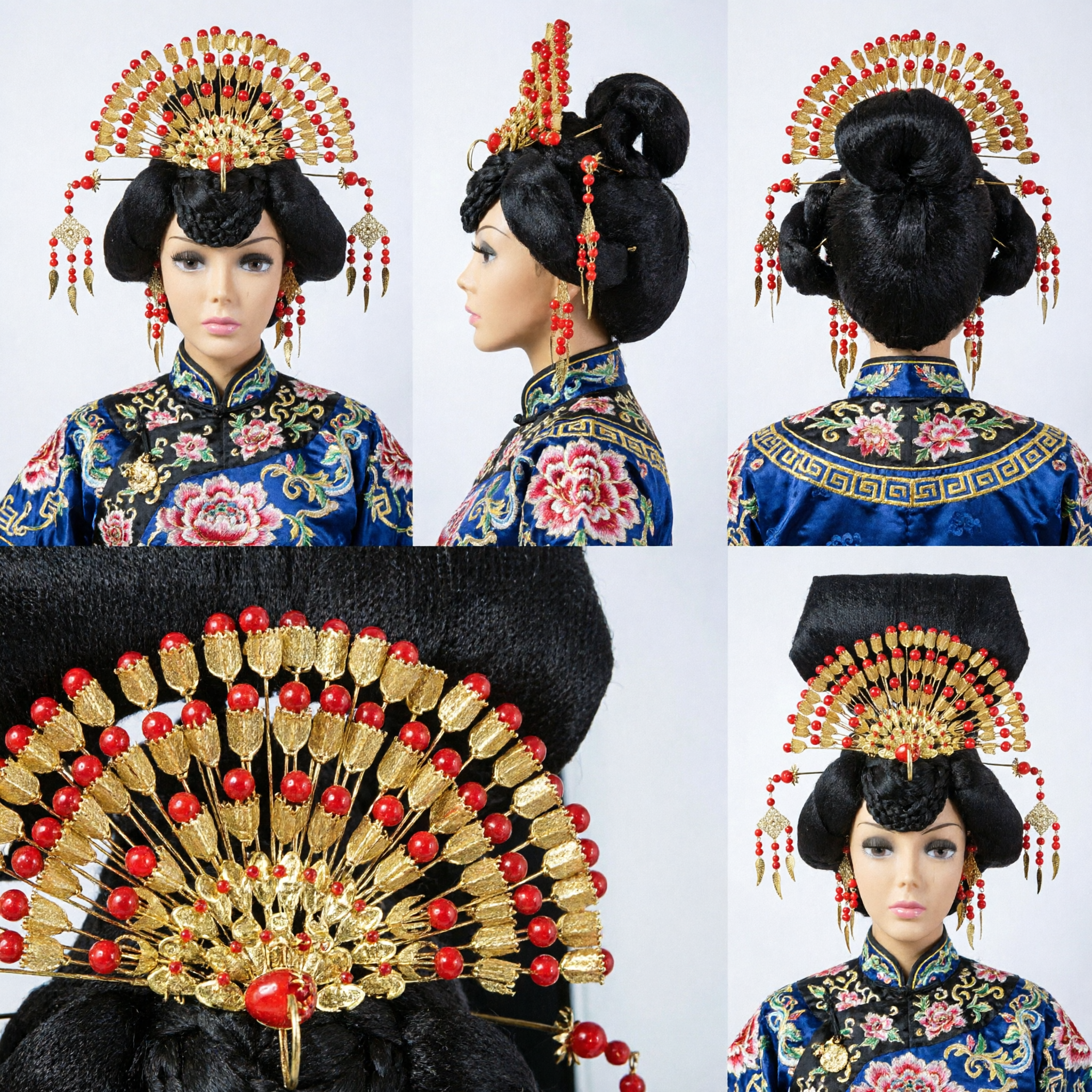 Set forcina fenice stile antico cinese copricapo tradizionale Hanfu da sposa corona rosso oro con perline per donne - Asian Costume