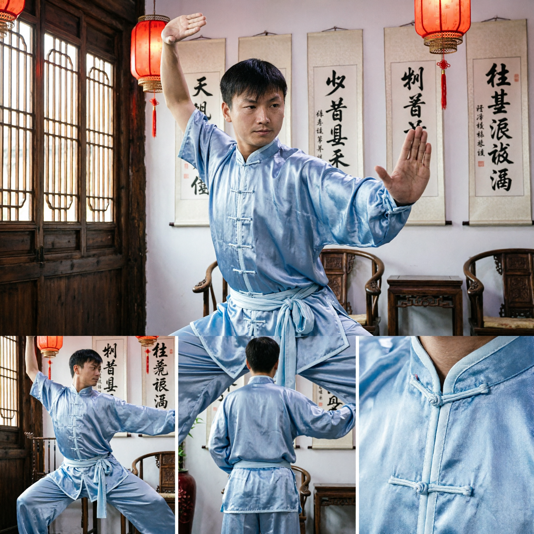 Uniforme Tradicional de Tai Chi em Seda Azul Claro para Homens Conjunto de Traje de Kung Fu para Prática de Artes Marciais - Asian Costume