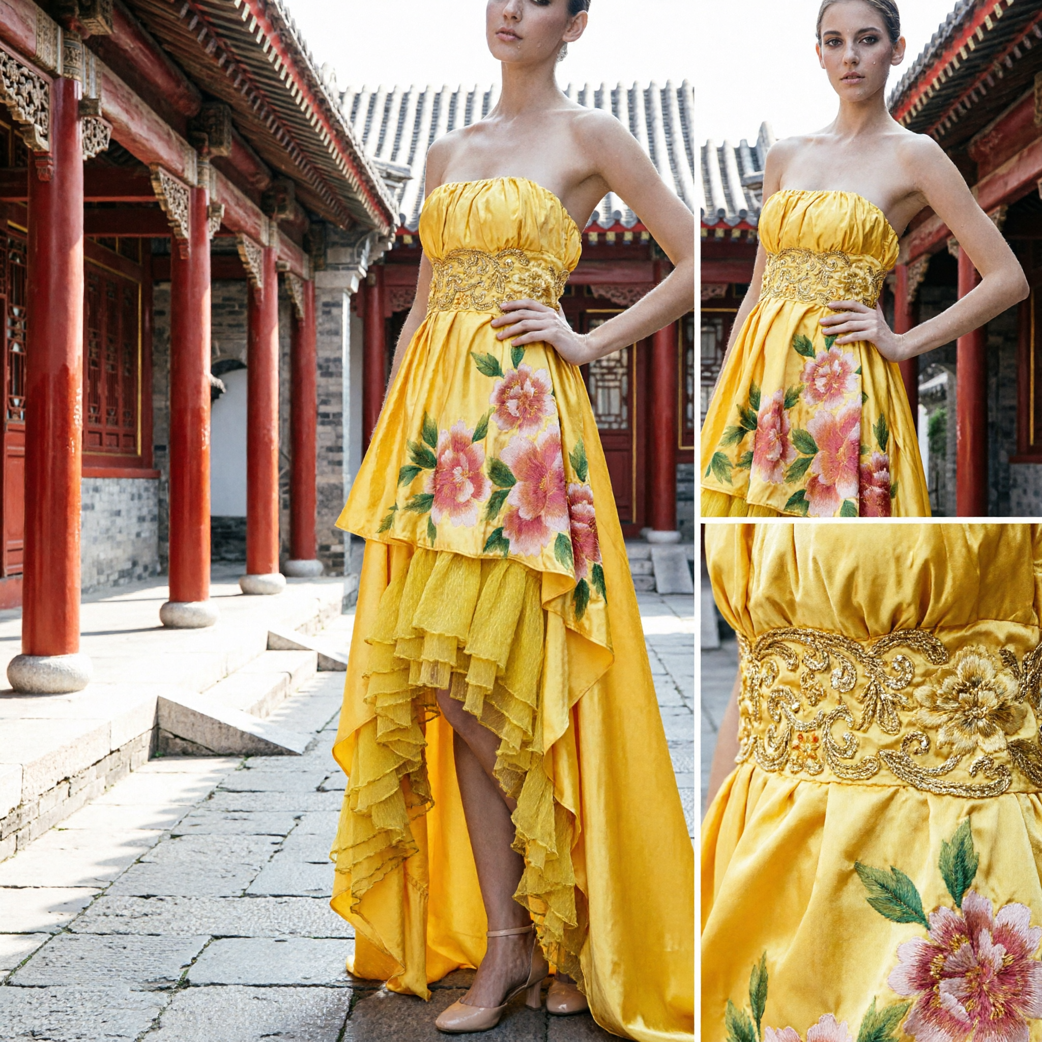 Cheongsam Qipao élégant en soie jaune pour femmes avec broderie et col mandarin - Tenue de fête traditionnelle chinoise - Asian Costume