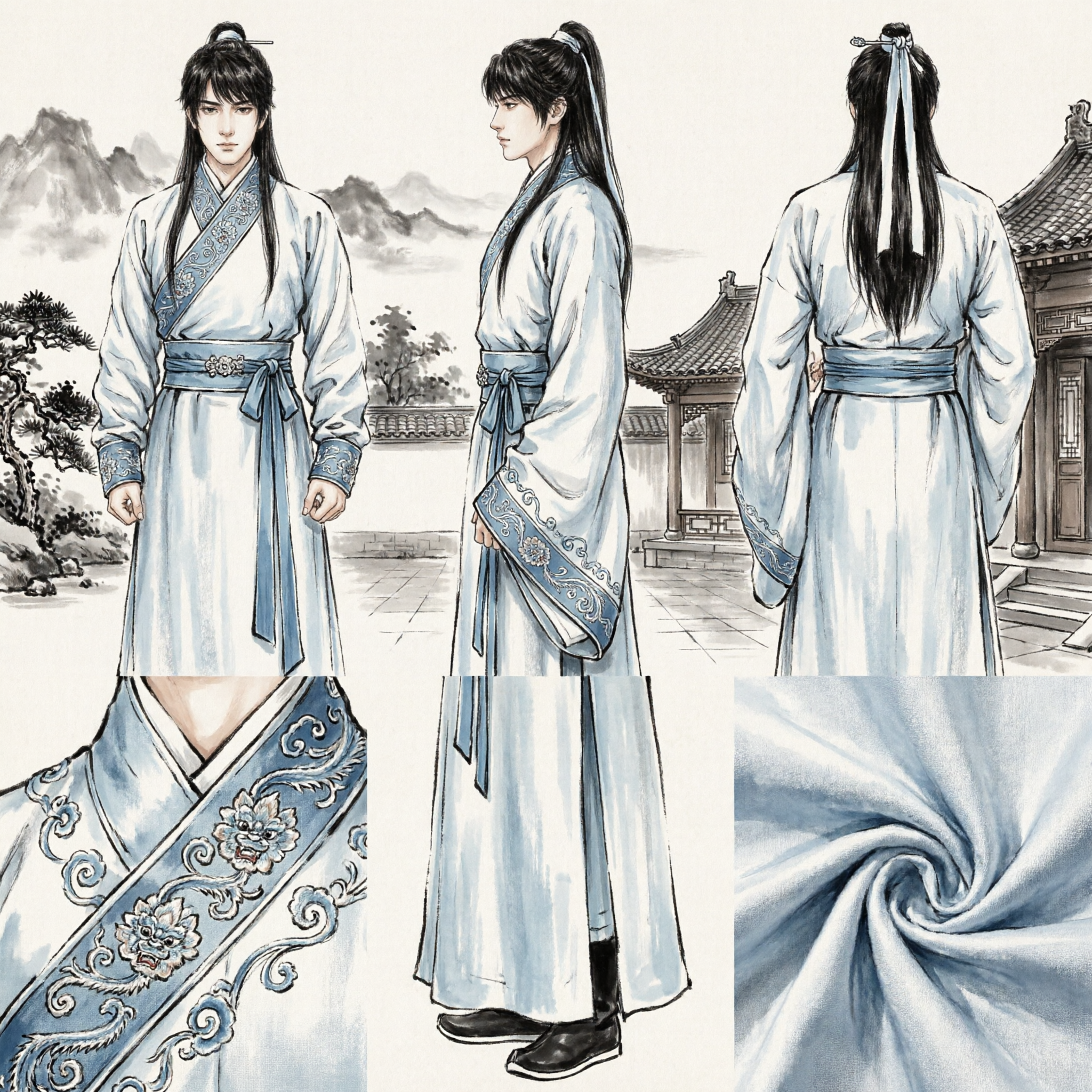 Costume traditionnel chinois Hanfu d'ancien lettré pour hommes, robe blanche, tenue de swordsman Wuxia pour cosplay et performance - Asian Costume