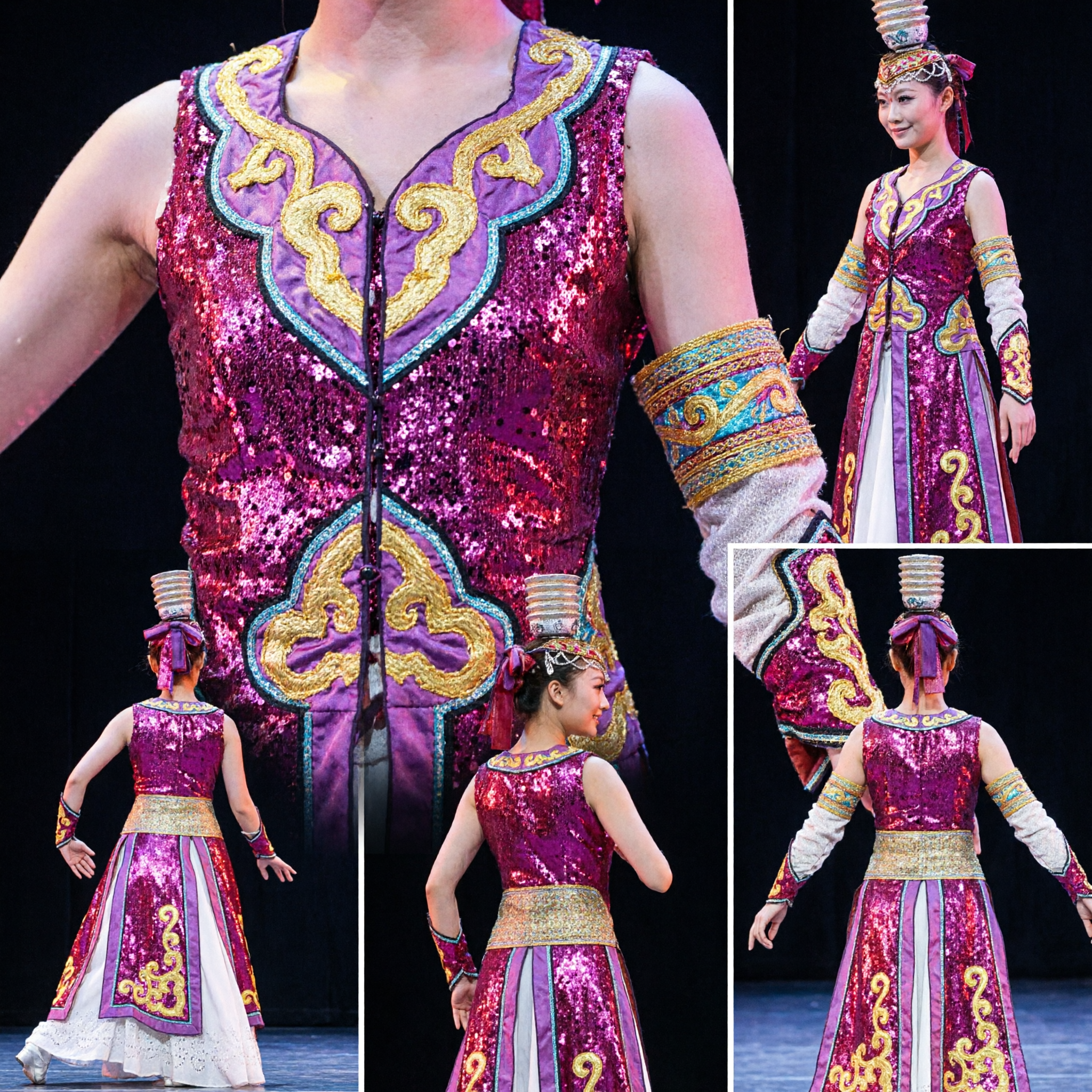 Traje Tradicional Chino de Danza Étnica para Mujeres, Vestido Rosa con Lentejuelas para Escenario, Incluye Adorno de Cabeza Dorado - Asian Costume