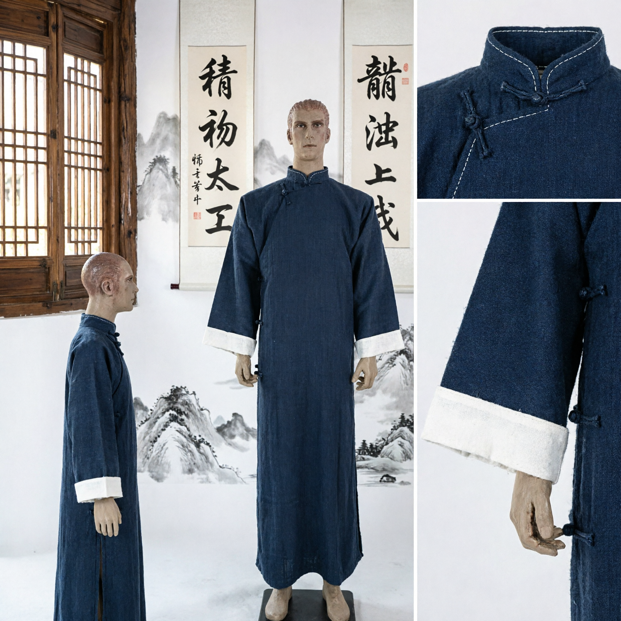 Robe longue traditionnelle chinoise Changshan pour hommes, Tang Suit bleu foncé à col mandarin, costume pour performance - Asian Costume