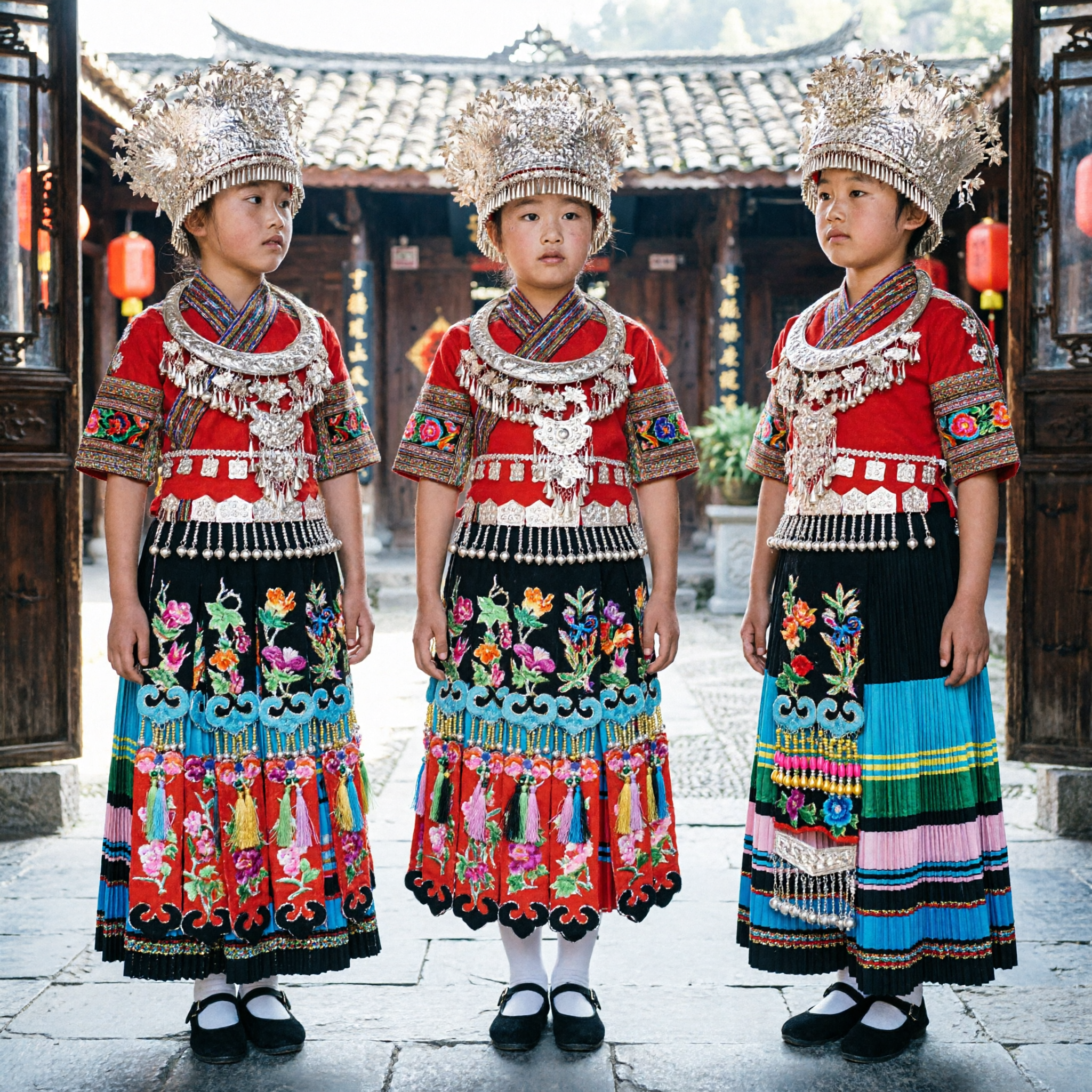 Traditional Chinese Miao Ethnic Minority Costume for Girls with Silver Headdress for Stage Performance - Asian Costume