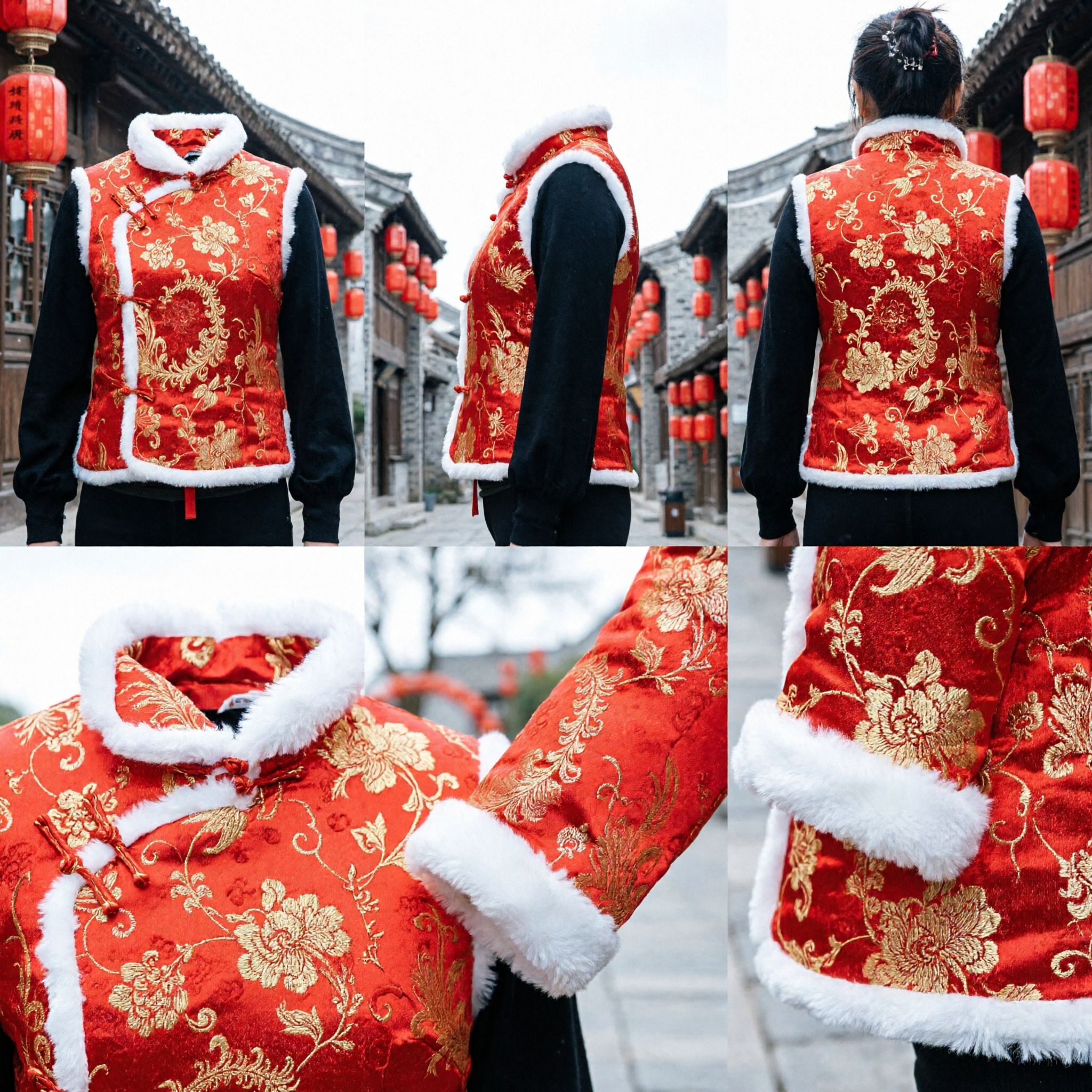 Gilet traditionnel chinois Tang Suit rouge pour femmes avec bordure en fourrure blanche, brocart, pour le Festival du Printemps en hiver - Asian Costume