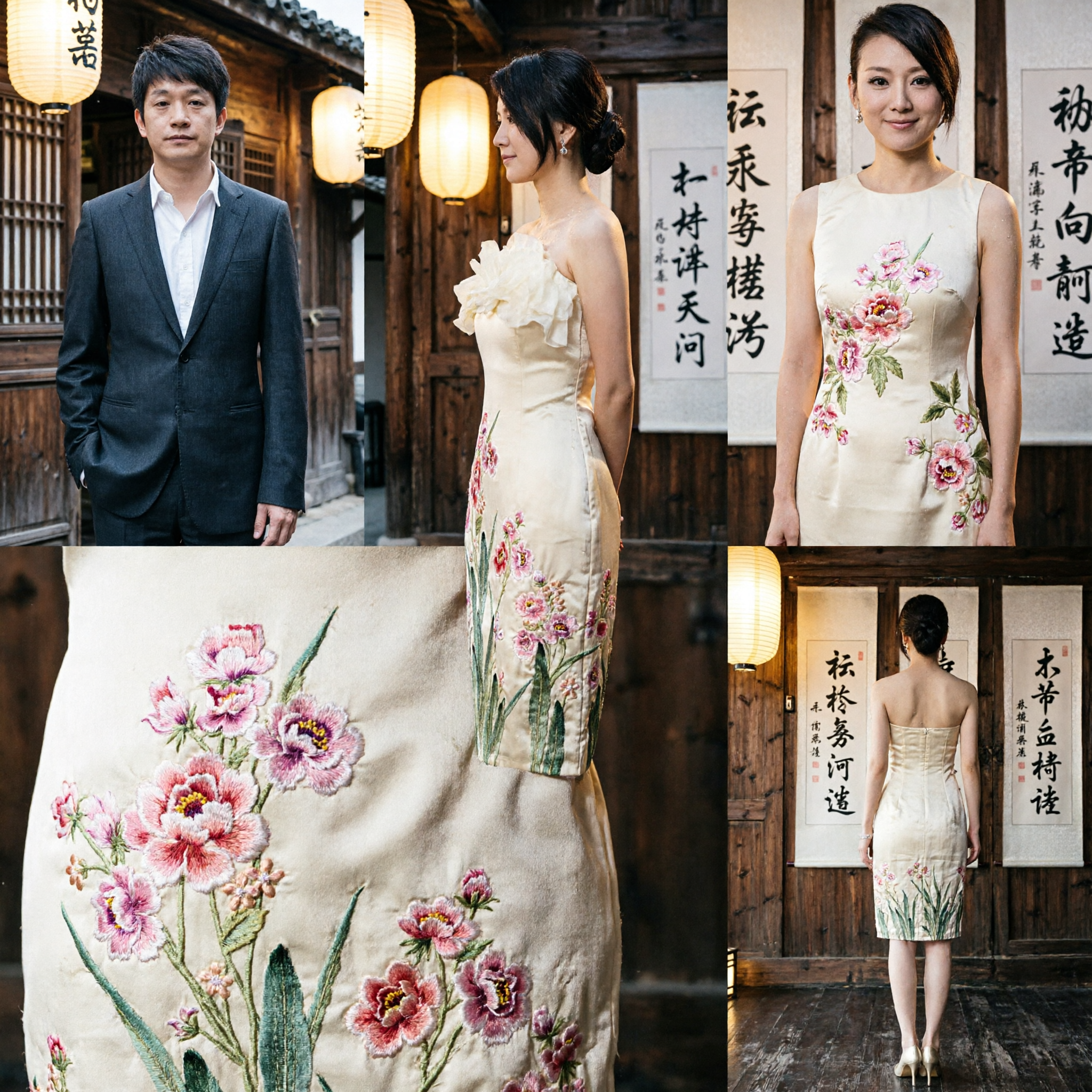 Elegancka wieczorowa suknia koktajlowa bez ramiączek z haftem kwiatowym, współczesny styl chiński dla kobiet - Asian Costume