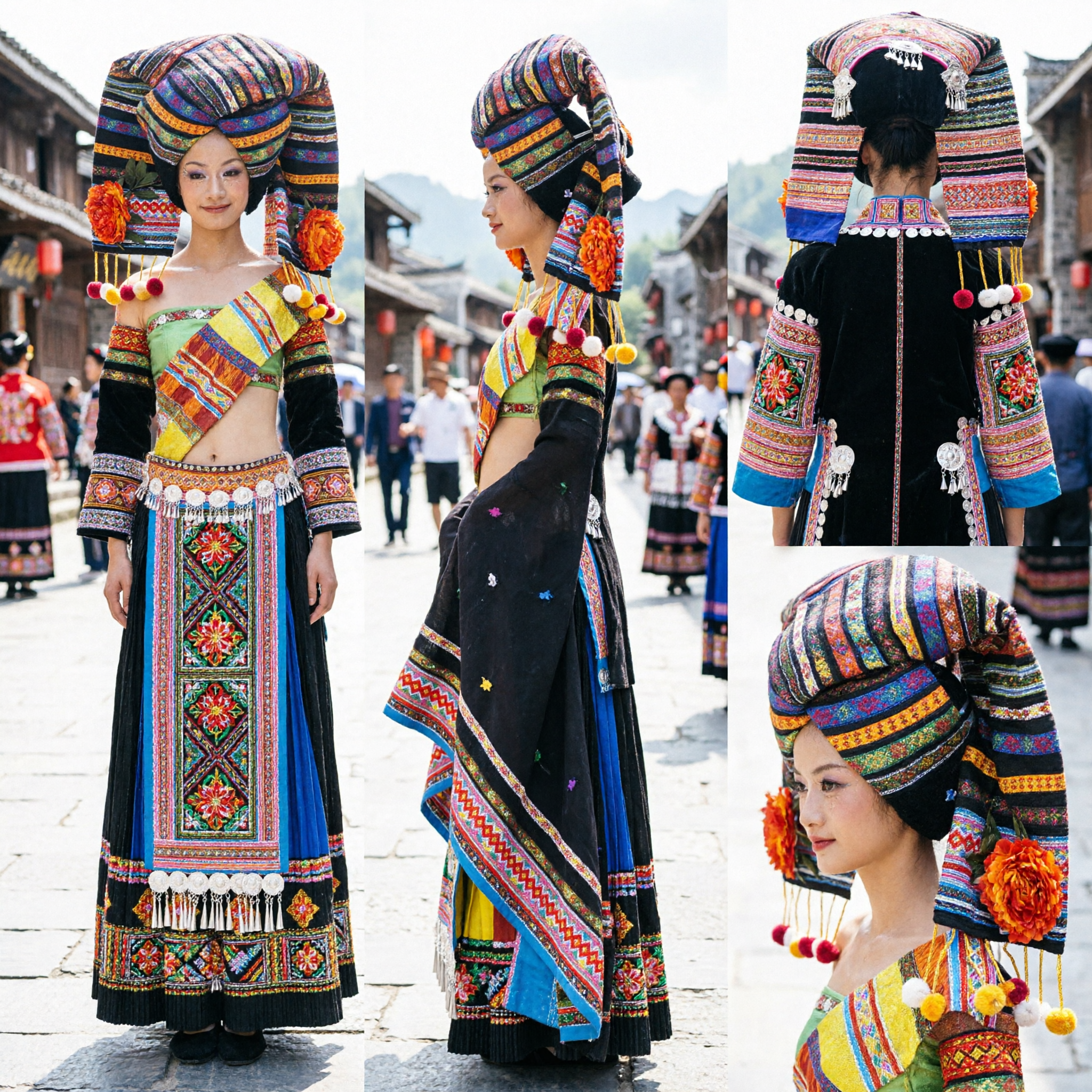Traje Tradicional de Danza Folclórica de Minoría Étnica China para Mujeres con Tocado para Actuaciones Culturales en Escenario - Asian Costume
