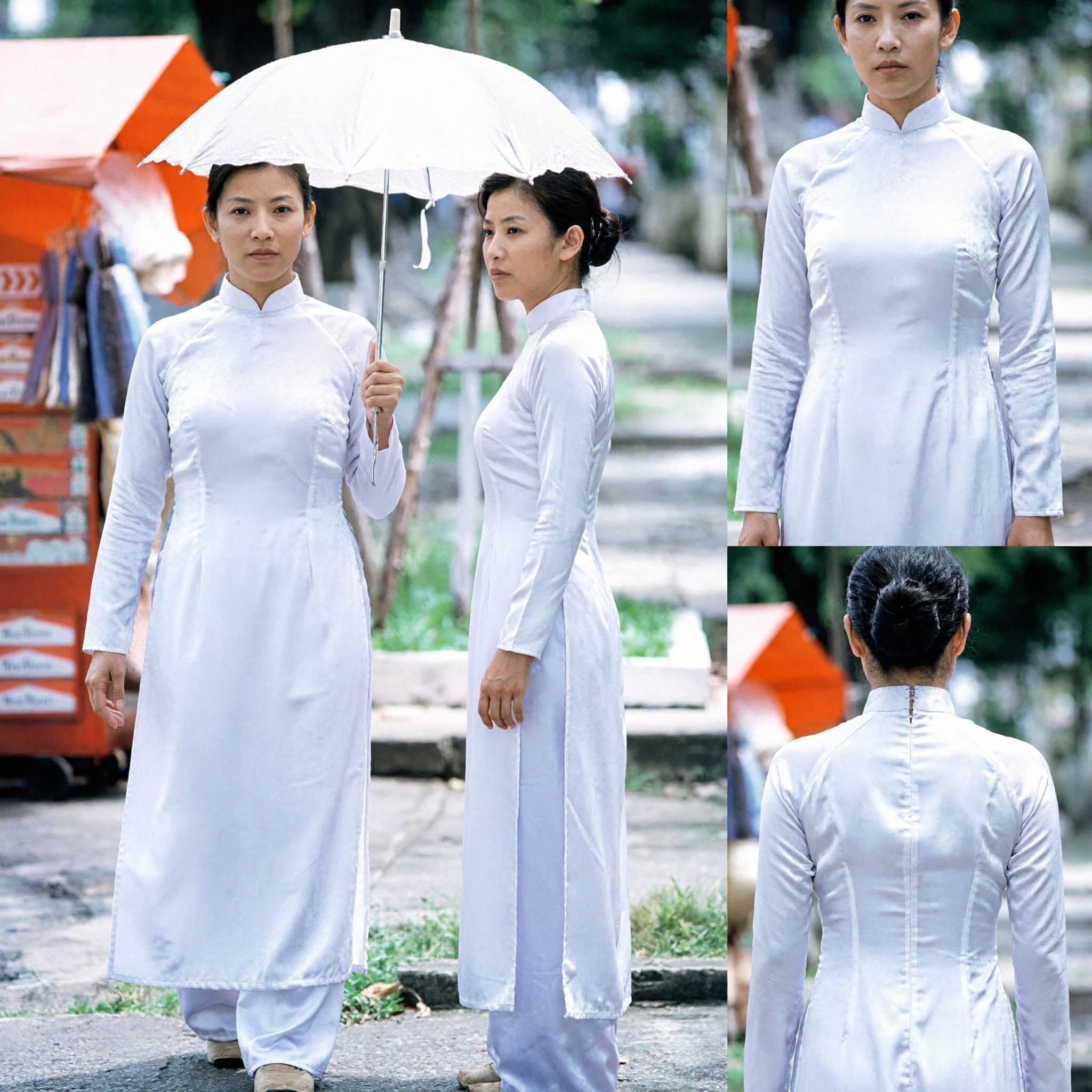 Vestido Tradicional Vietnamês Ao Dai Branco Conjunto de Túnica Longa e Calças para Eventos Culturais Femininos - Asian Costume