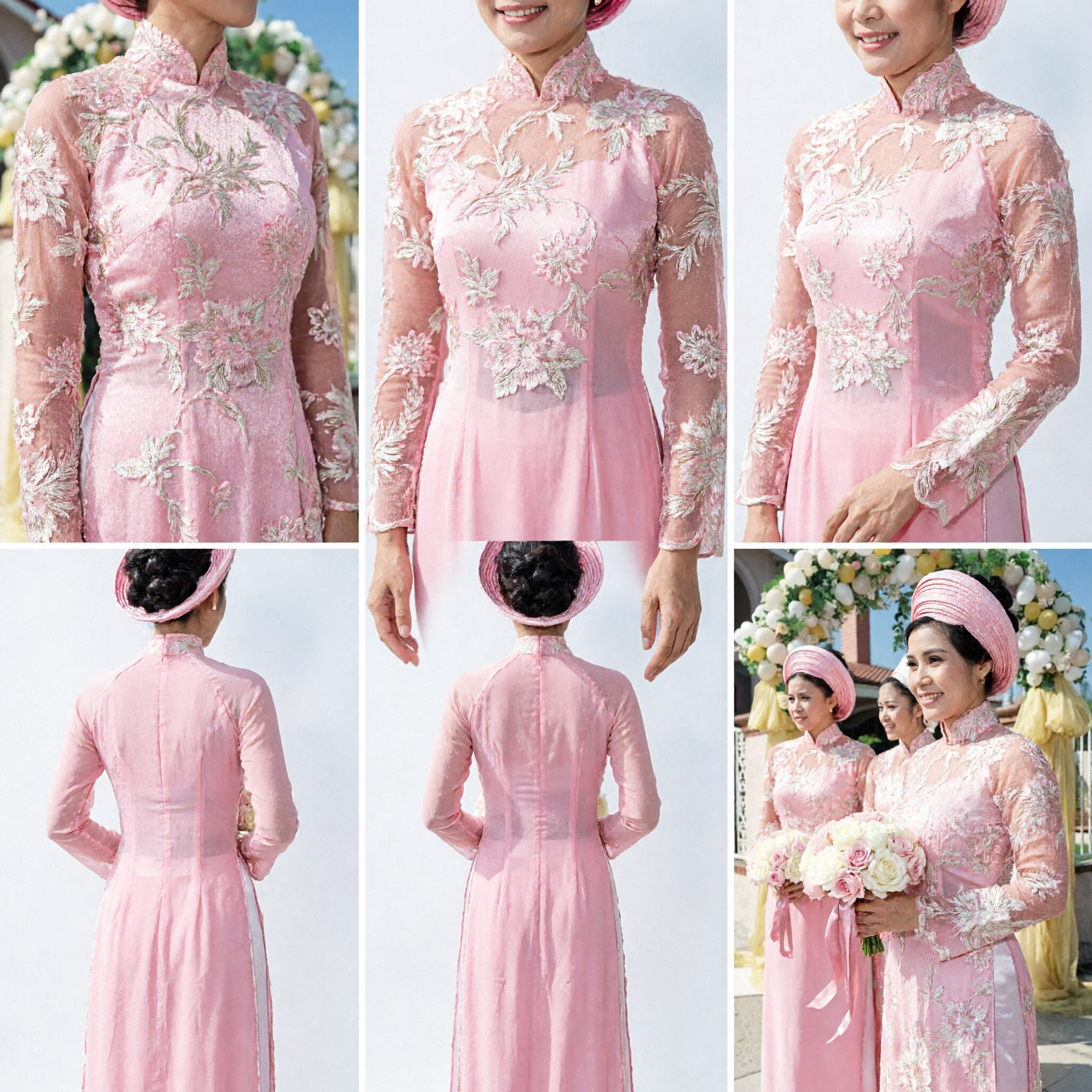 Traditional Pink Vietnamese Ao Dai Wedding Dress Set for Bride and Bridesmaids Floral Silk Ceremony Outfit - Asian Costume
