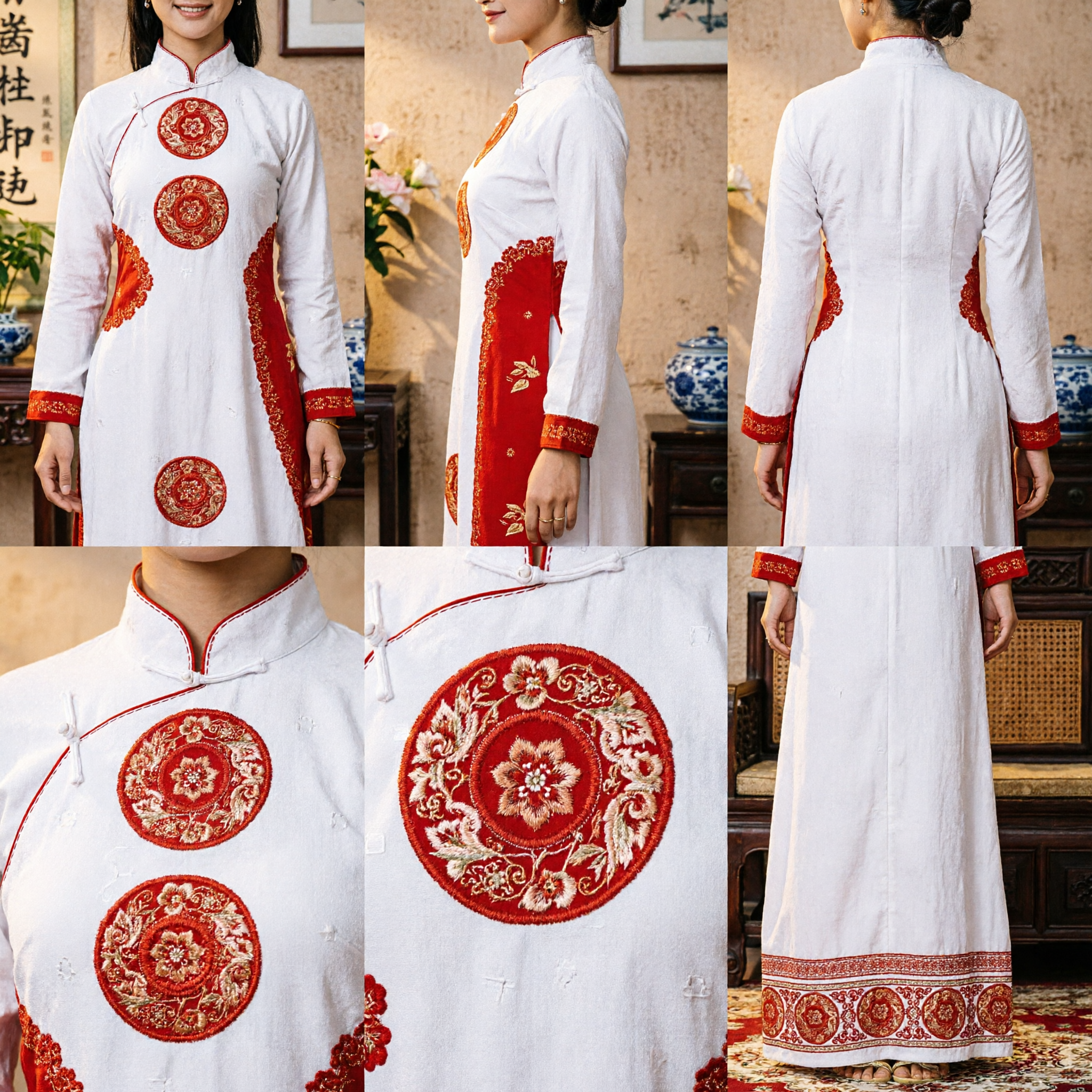 Traditionelles vietnamesisches Áo Dài Hochzeitskleid Rot und weiß besticktes langärmeliges Kleid für Frauen - Asian Costume