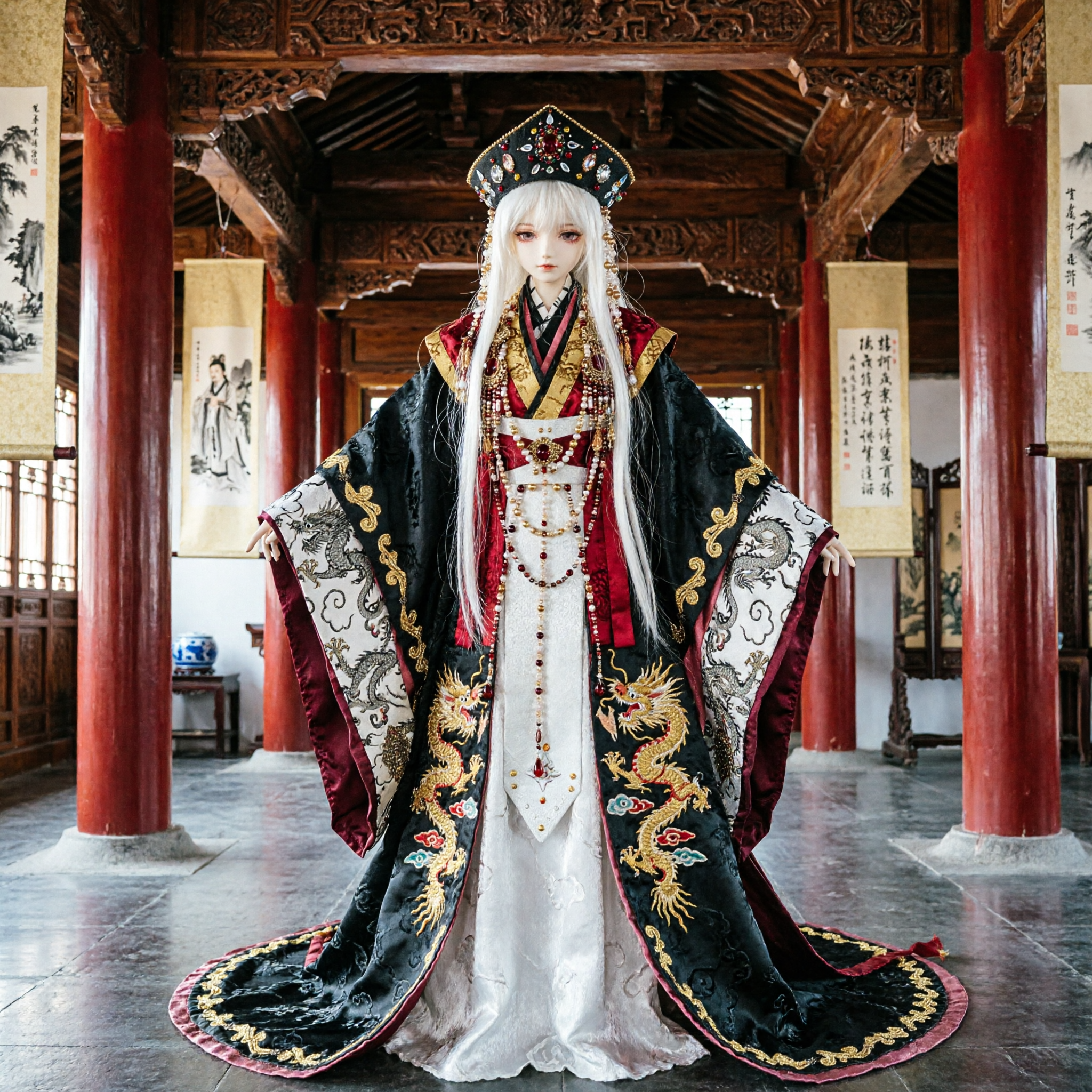 Luxury Traditional Chinese Dragon Embroidery Hanfu Costume Set for BJD Dolls with Ancient Prince Crown - Asian Costume
