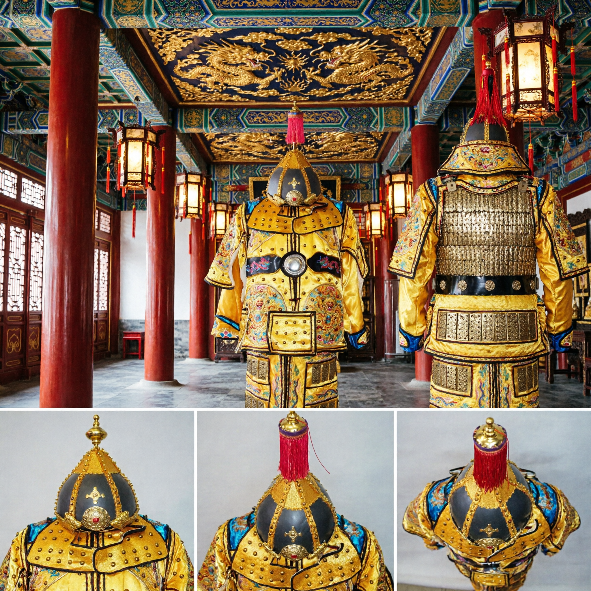 Ensemble de costume d'armure de dragon jaune impérial traditionnel chinois - Avec casque pour performance d'empereur ou général de la dynastie Qing - Asian Costume