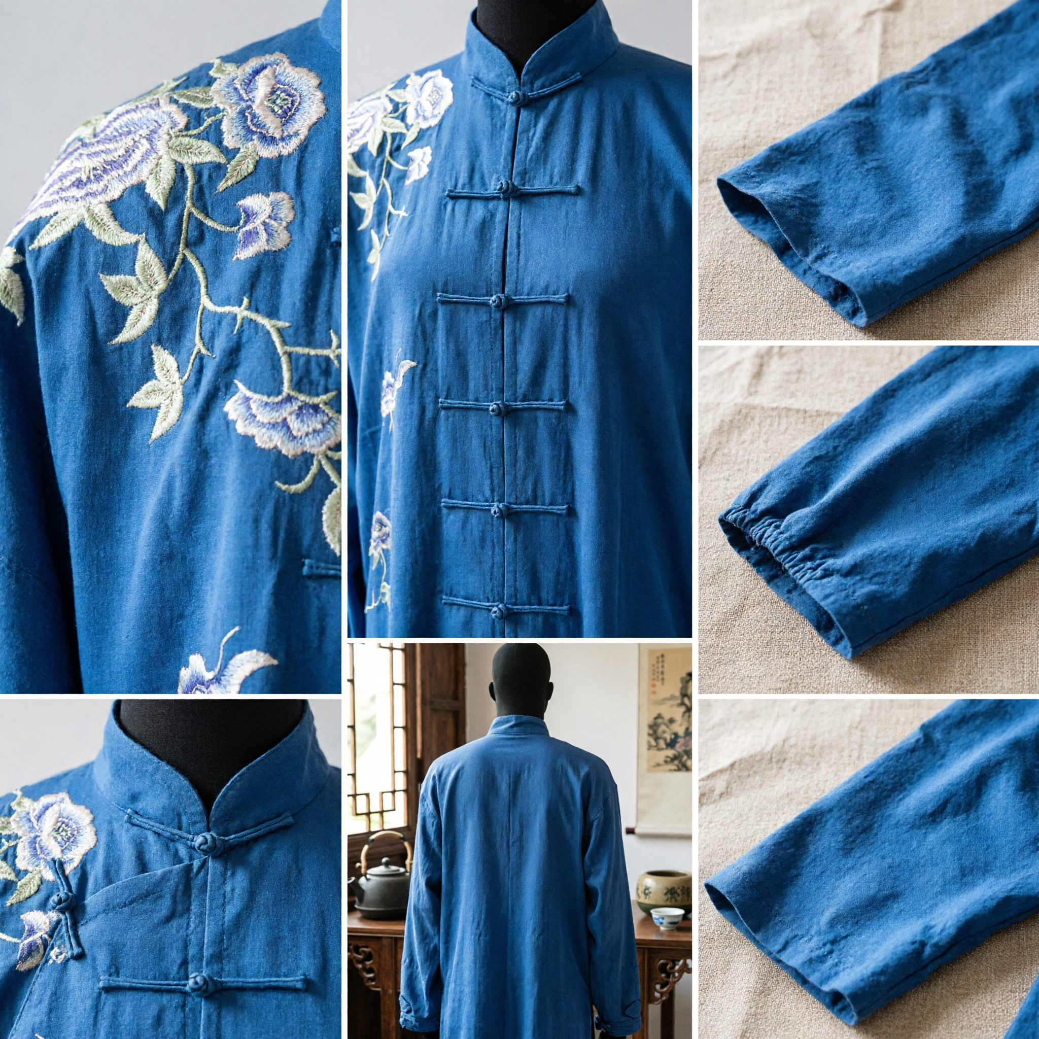Casaco Tradicional Chinês Tang Suit de Seda Azul Bordado Floral Colarinho Mandarim Traje para Kung Fu e Tai Chi - Asian Costume