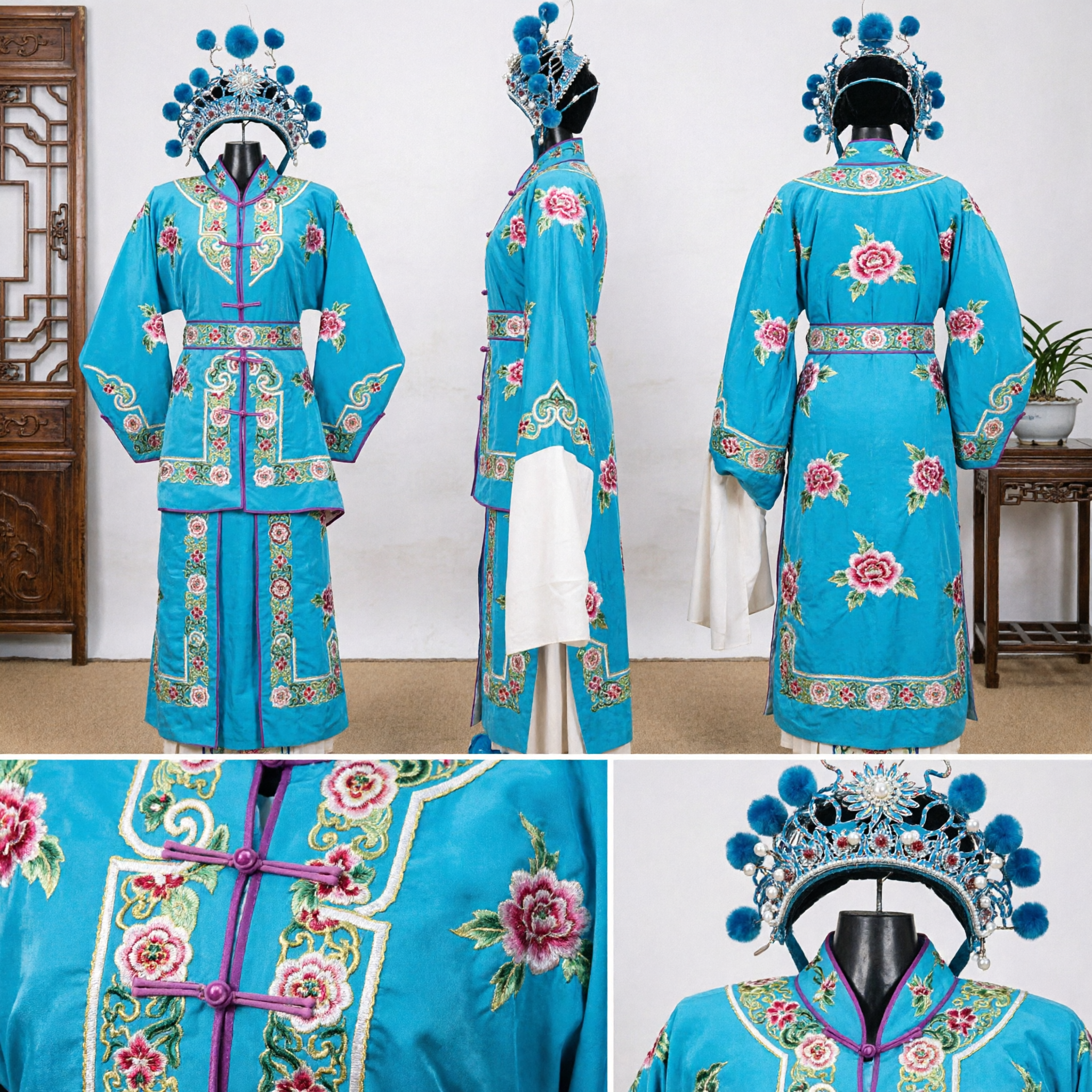 Ensemble de costume traditionnel de l'Opéra de Pékin chinois bleu brodé avec coiffe pour performance scénique féminine - Asian Costume