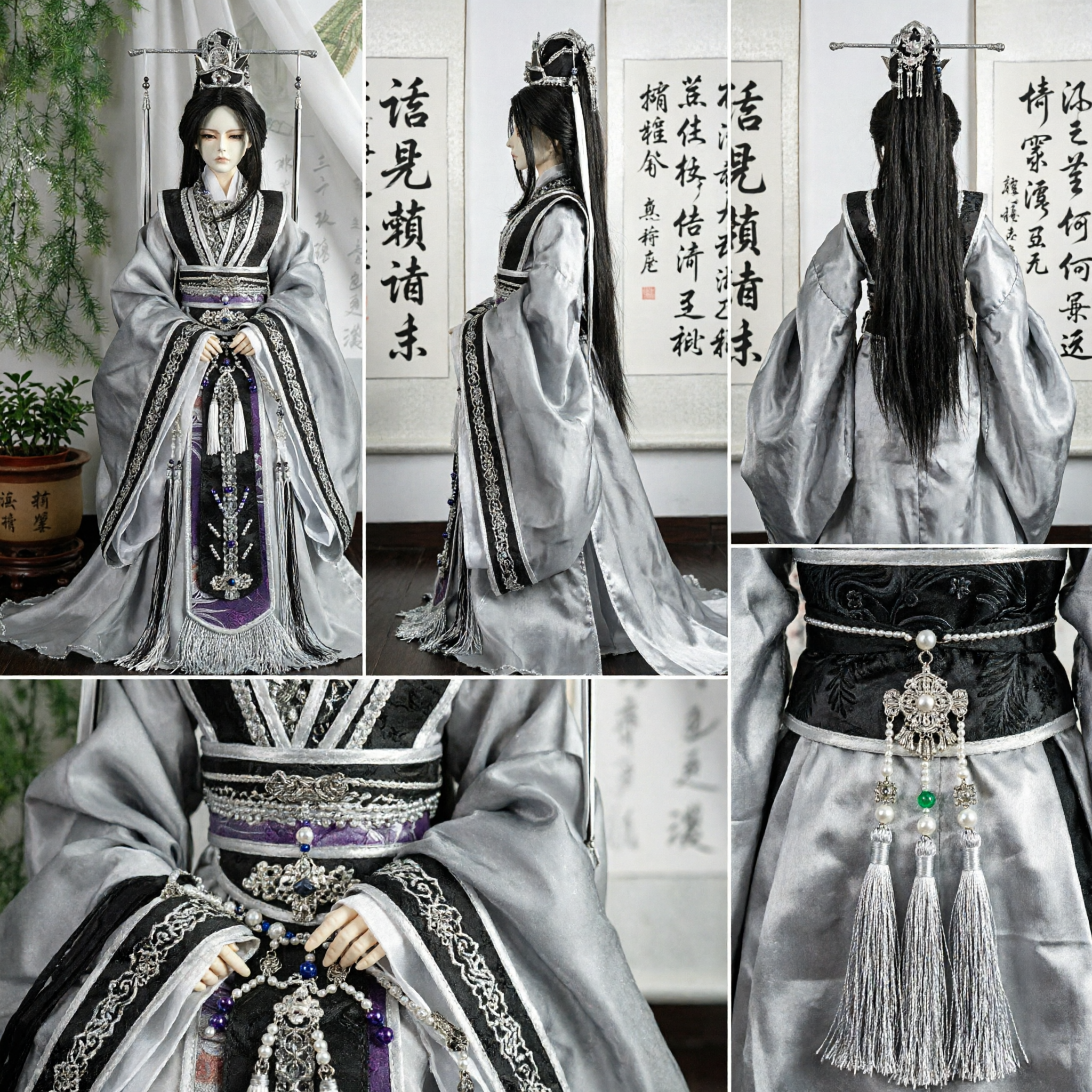 Exquisito Traje Hanfu Chino Antiguo de Erudito para Muñecas, Conjunto Noble Plateado y Negro con Corona - Asian Costume