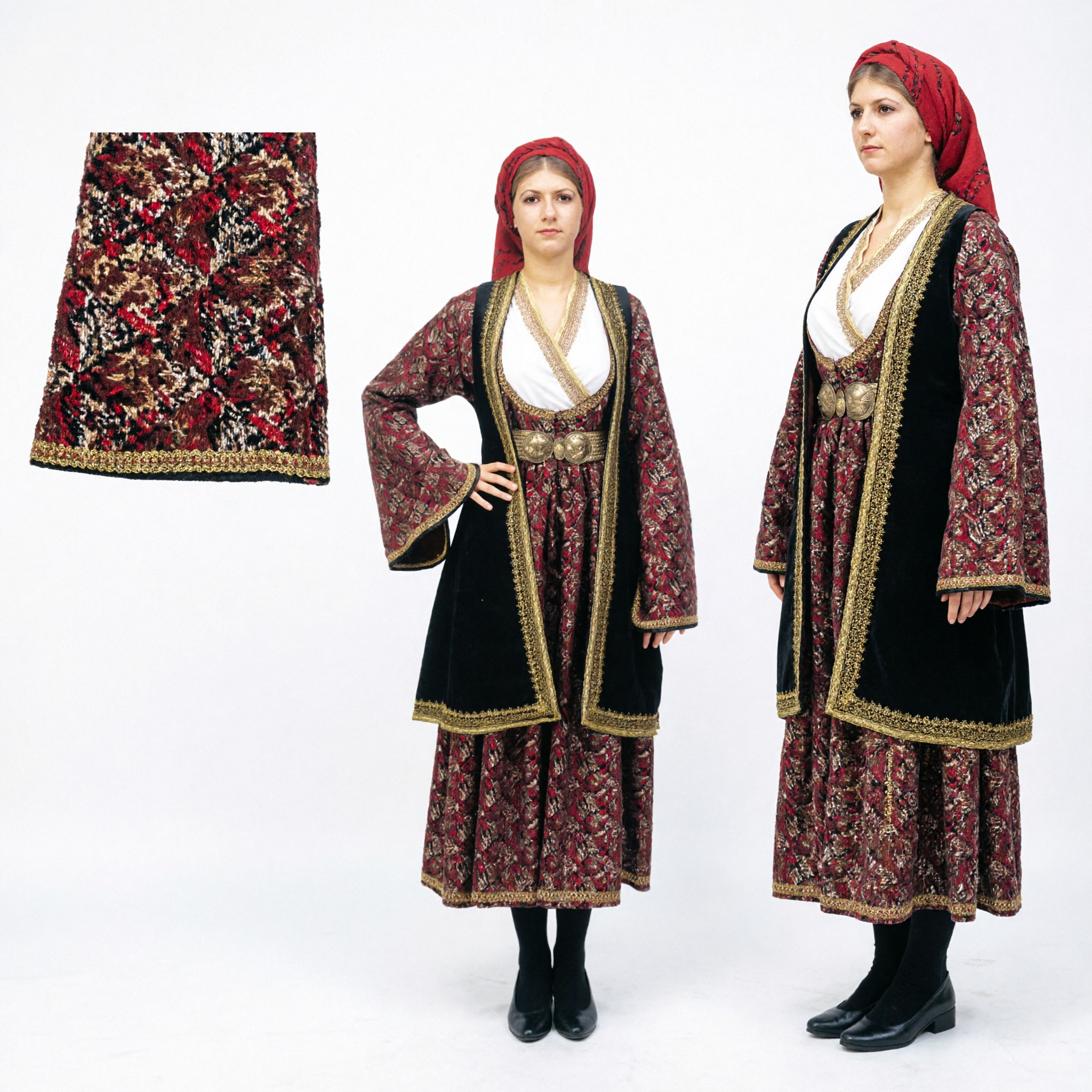 Traditionelles armenisches Damen-Volkskostüm mit Samtweste und Goldgürtel für kulturelle Tanzaufführungen - Asian Costume