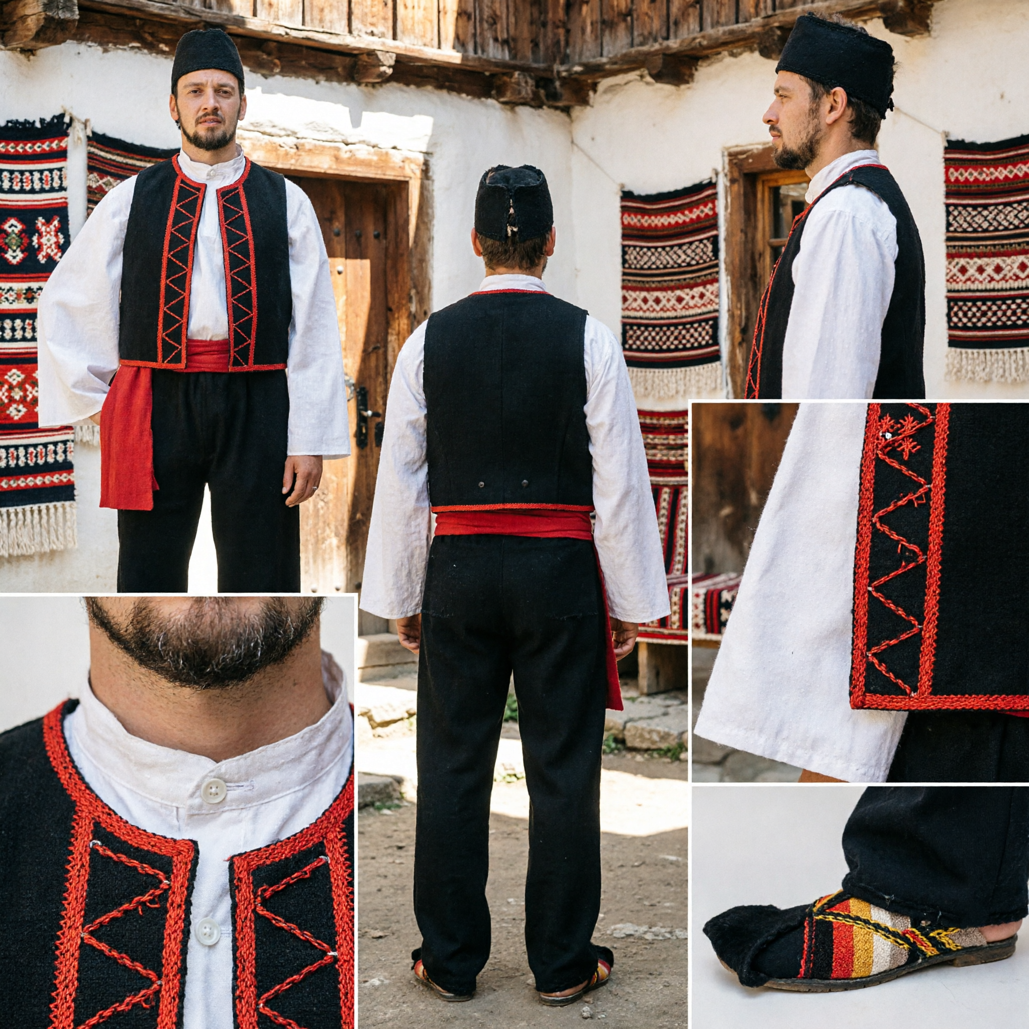 Set di Costume Tradizionale Balcanico per Danza Popolare Maschile con Gilet Nero Ricamato, Fascia Rossa e Pantaloni - Asian Costume