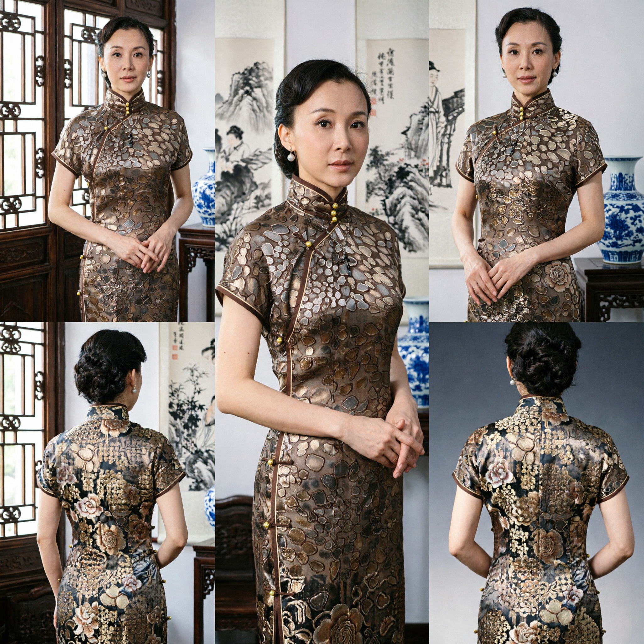 Elegancka brązowa wzorzysta chińska suknia Qipao (Cheongsam) z tradycyjnym mandaryńskim kołnierzem na formalne okazje - Asian Costume