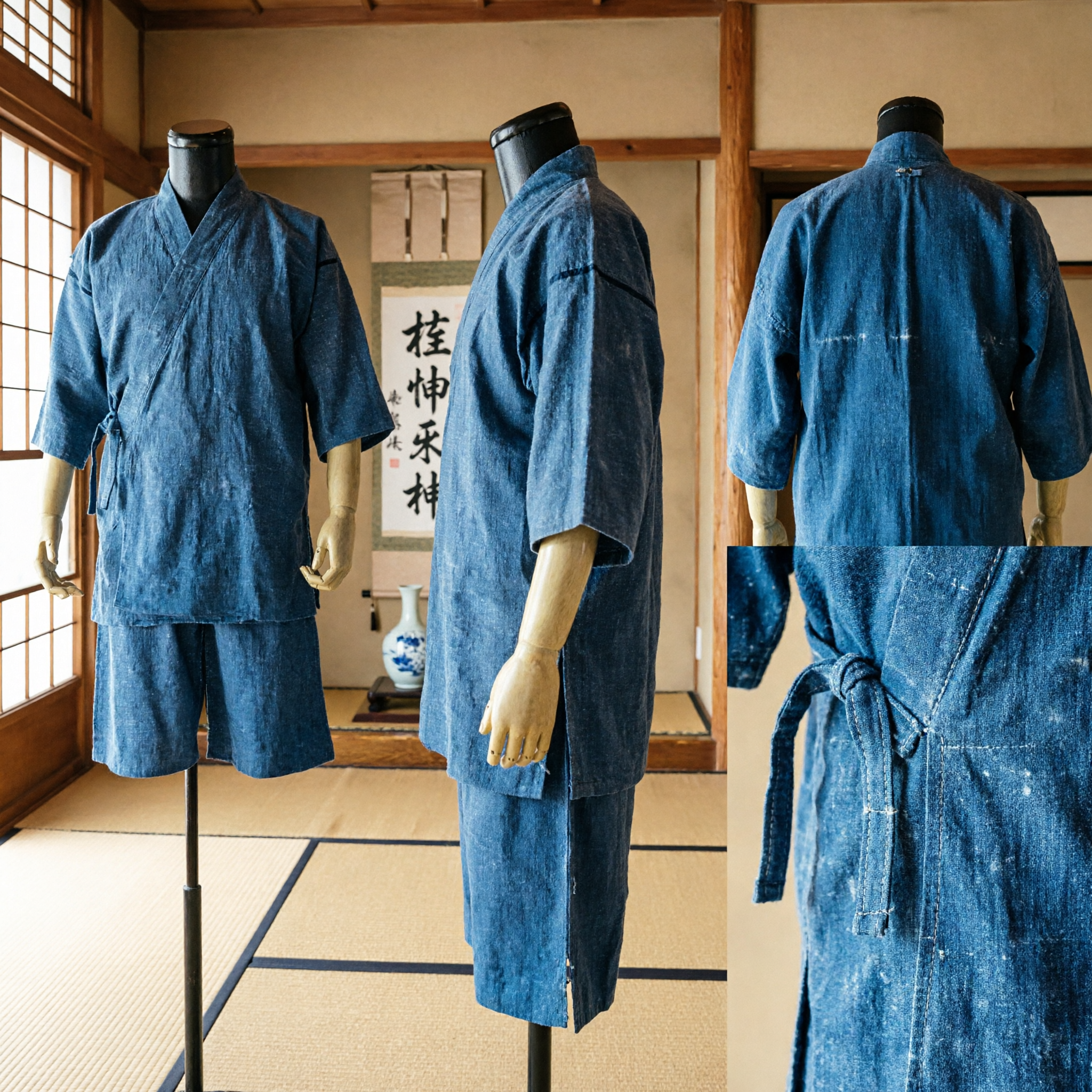 Ensemble Samue traditionnel japonais en coton bleu pour homme - Vêtements d'été, travail, arts martiaux, yoga et méditation - Asian Costume