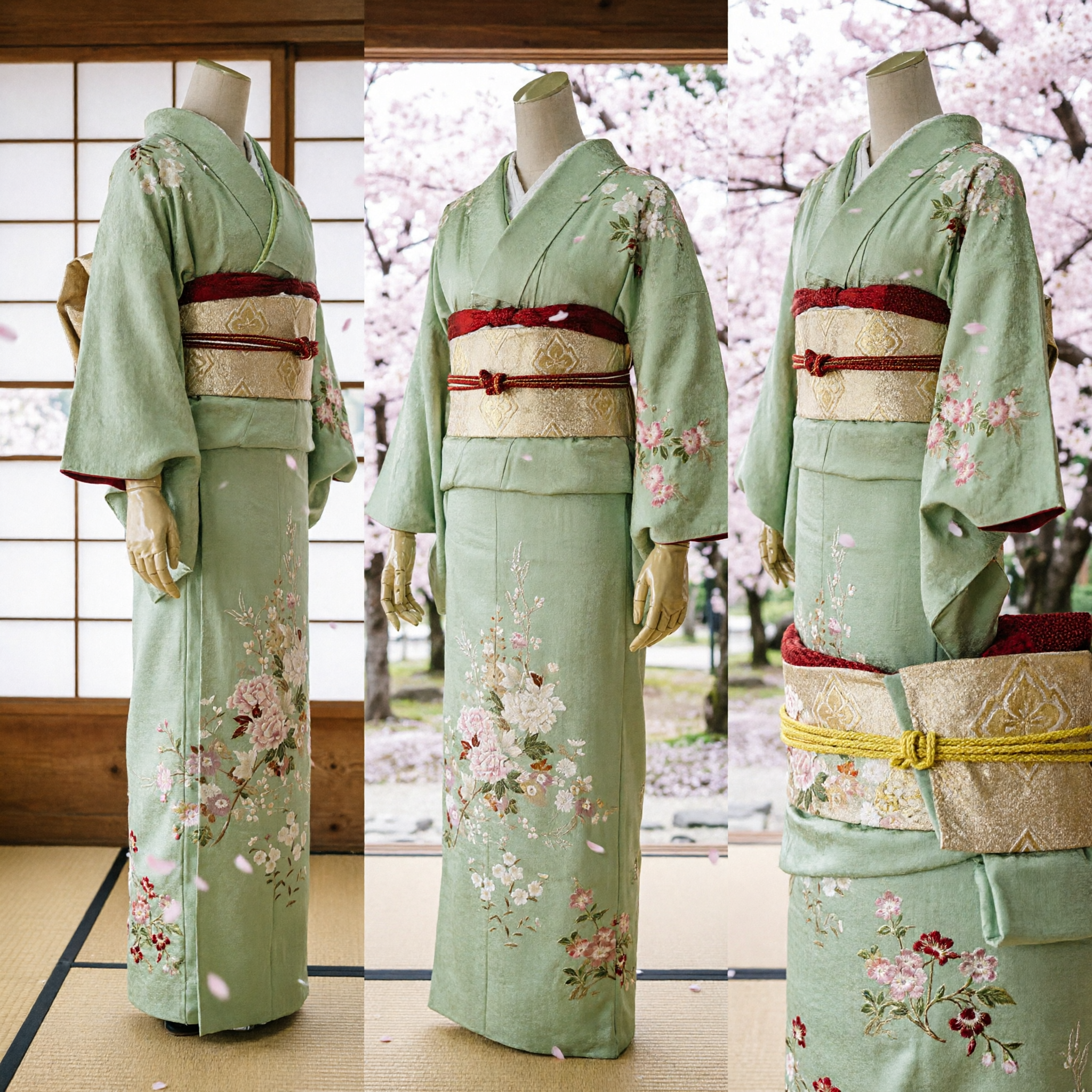Elegant Lichtgroen Japans Kimono Set met Bloemen Borduursel en Gouden Obi voor Vrouwen Traditionele Ceremonie - Asian Costume