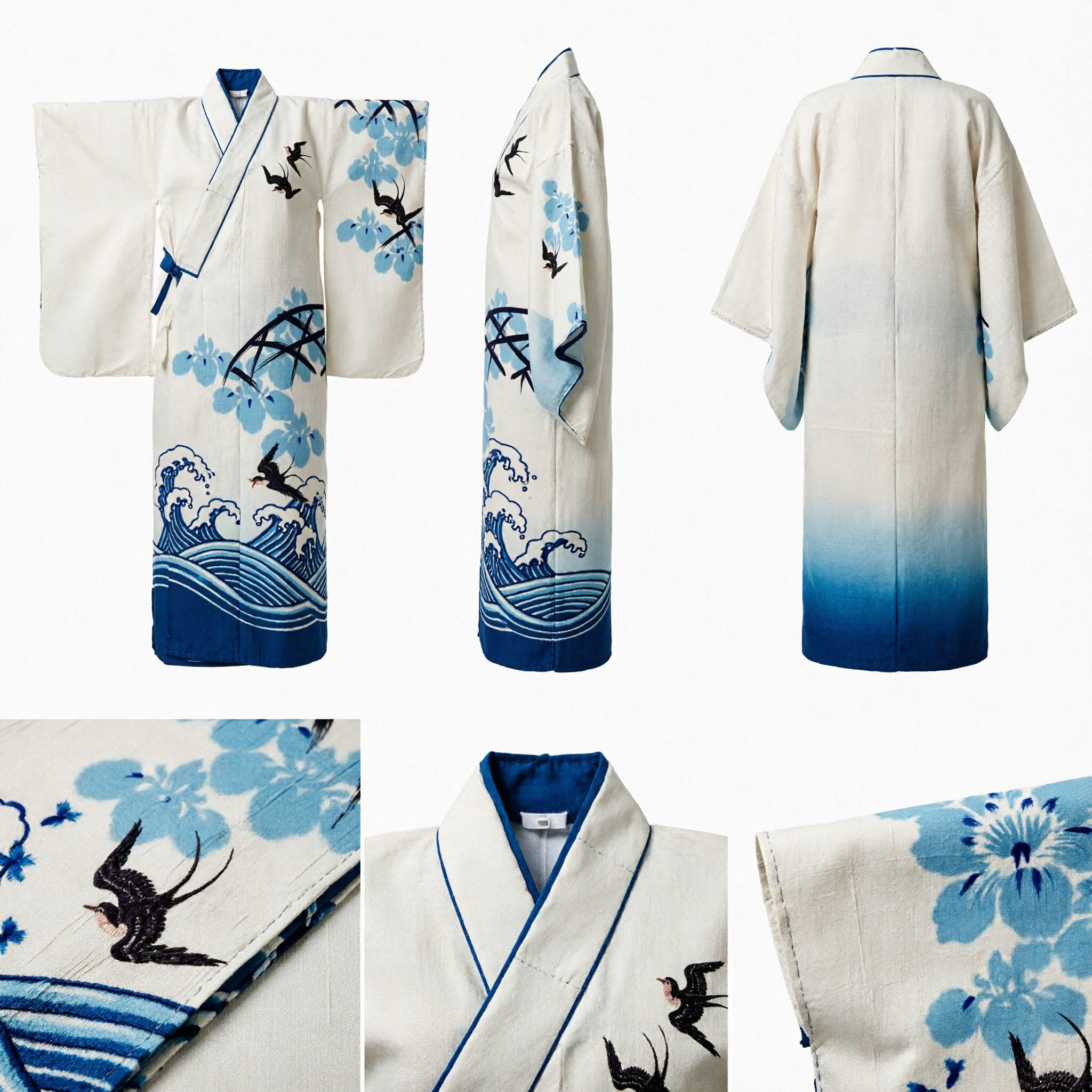 Traditioneller chinesischer Seidenstoff mit blauem Blumen- und Schwalbenmuster für Hanfu-Cheongsam-DIY-Kleidermaterial - Asian Costume