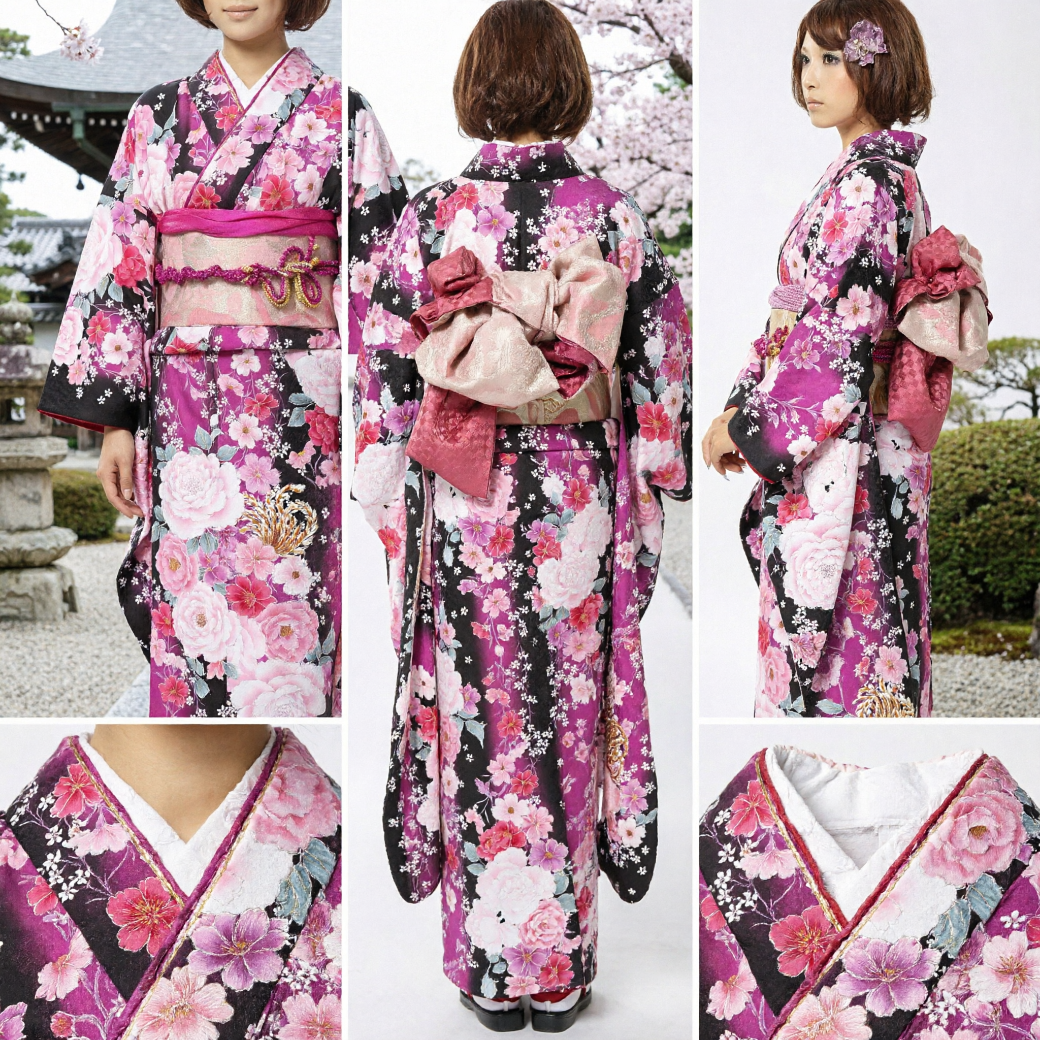 Ensemble Kimono Furisode 7 pièces pour femme - Motif vibrant de rose rose pour mariages formels et cérémonies - Asian Costume