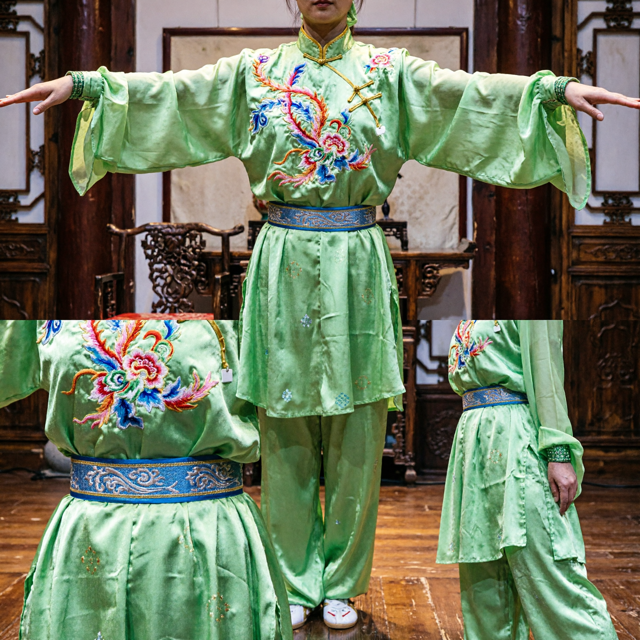 Uniforme Kung Fu brodé vert pour femme - Combinaison Wushu Changquan Tai Chi pour compétition d'arts martiaux - Asian Costume
