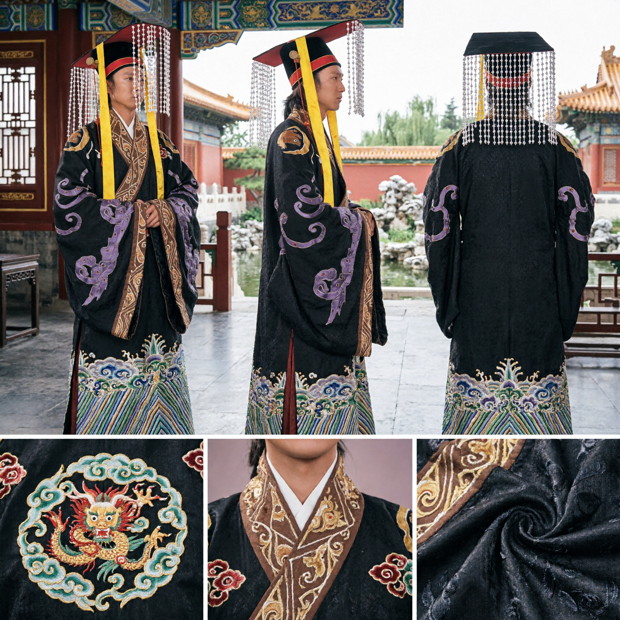 고대 중국 황제 한푸 복장 세트 용포와 구슬 면류관 포함 남성 역사 코스프레 - Asian Costume