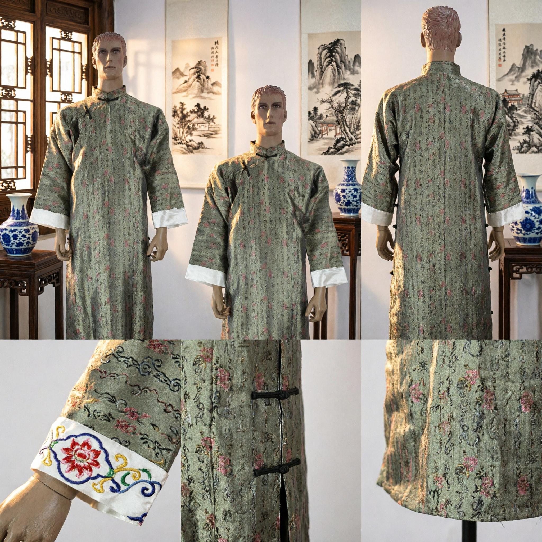 Túnica Changshan Tradicional China para Hombres Verde con Patrón de Caligrafía Traje Tang Largo para Bodas y Representaciones - Asian Costume