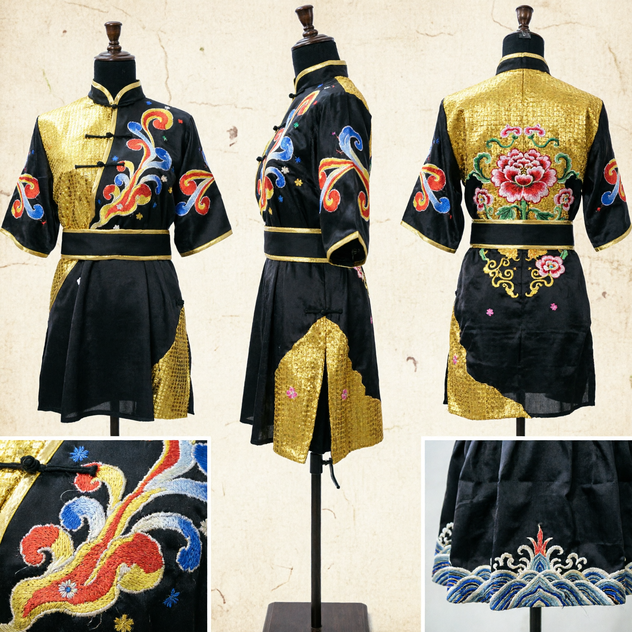 Traje de Performance de Uniforme de Wushu de Artes Marciais Tradicional Chinês com Bordado Colorido e Lantejoulas Douradas - Asian Costume