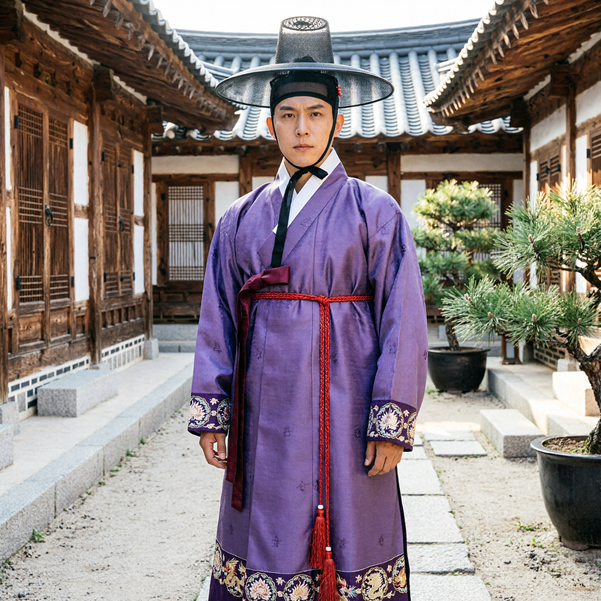 Männer Traditioneller Koreanischer Hanbok Lila Gelehrtenrobe Dopo-Kostüm mit Gat-Hut für Kulturelle Veranstaltungen - Asian Costume