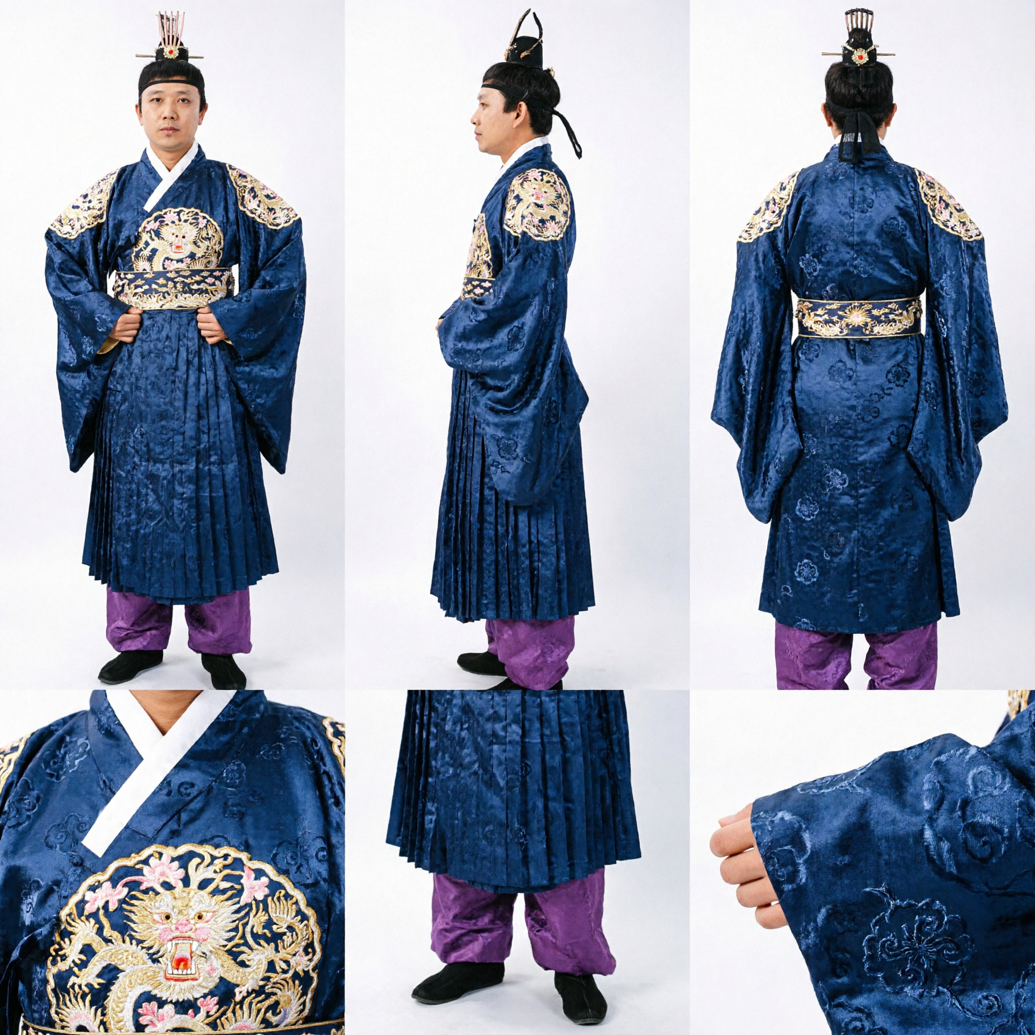 Männer Königliches Dunkelblaues Koreanisches Hanbok Traditionelles Bräutigam-Hochzeitskostüm mit Bestickter Jacke und Lila Hose - Asian Costume