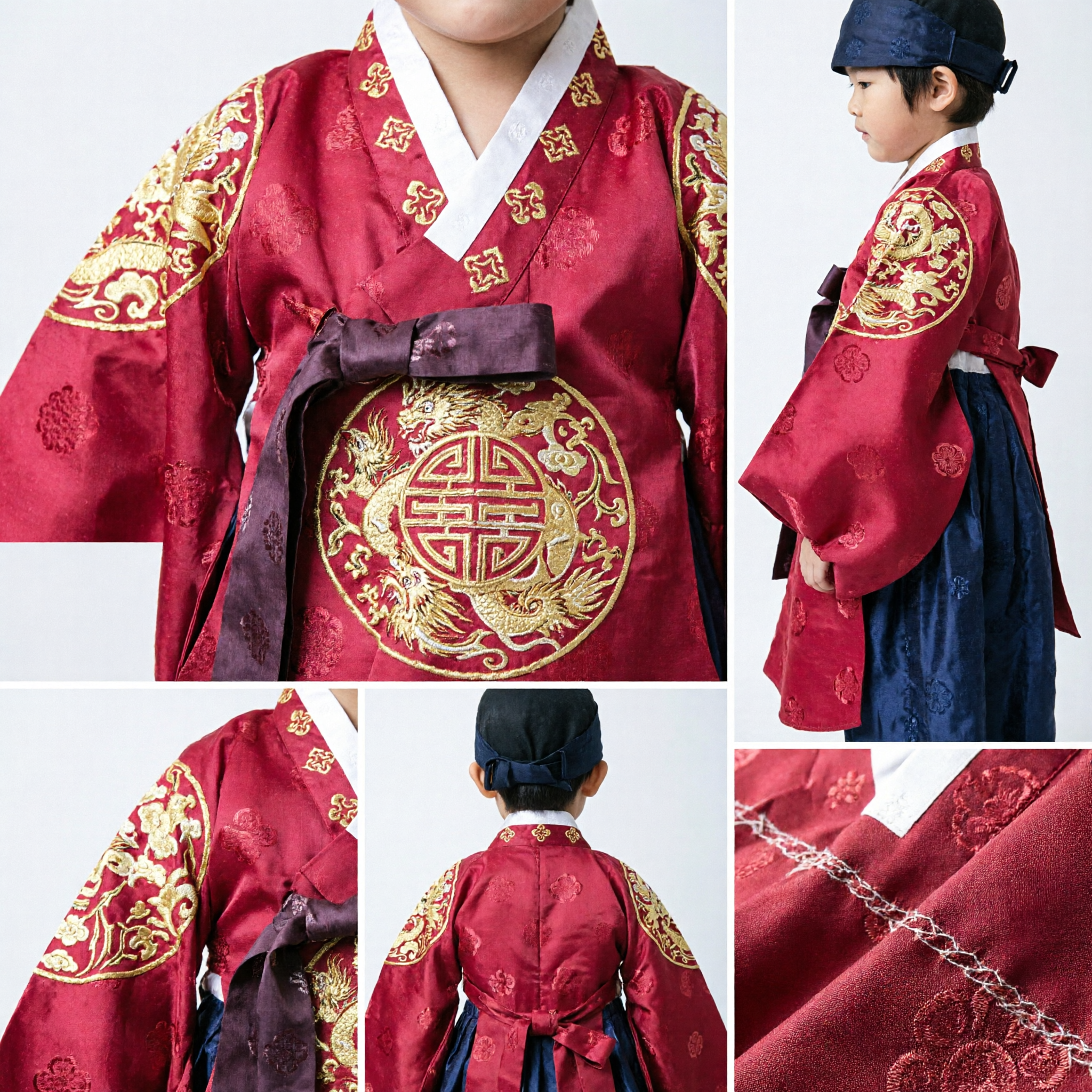 전통 한국 남아 한복 레드 웨딩 꽃동자 복장 금자수 의식용 아동복 - Asian Costume