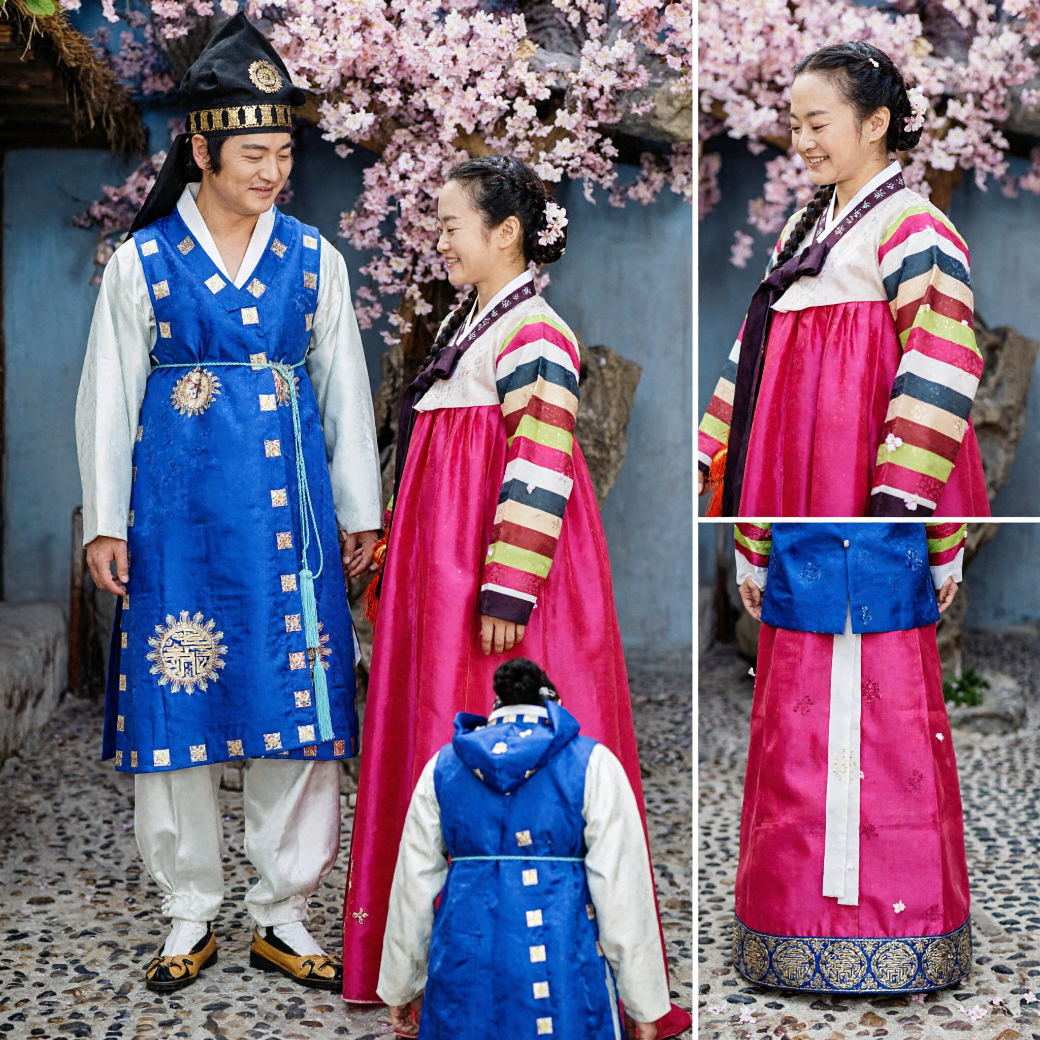 Traditionelles koreanisches Hanbok-Hochzeitspaar-Kostümset Elegantes blaues Bräutigam-Gewand und rosa Braut-Rock - Asian Costume