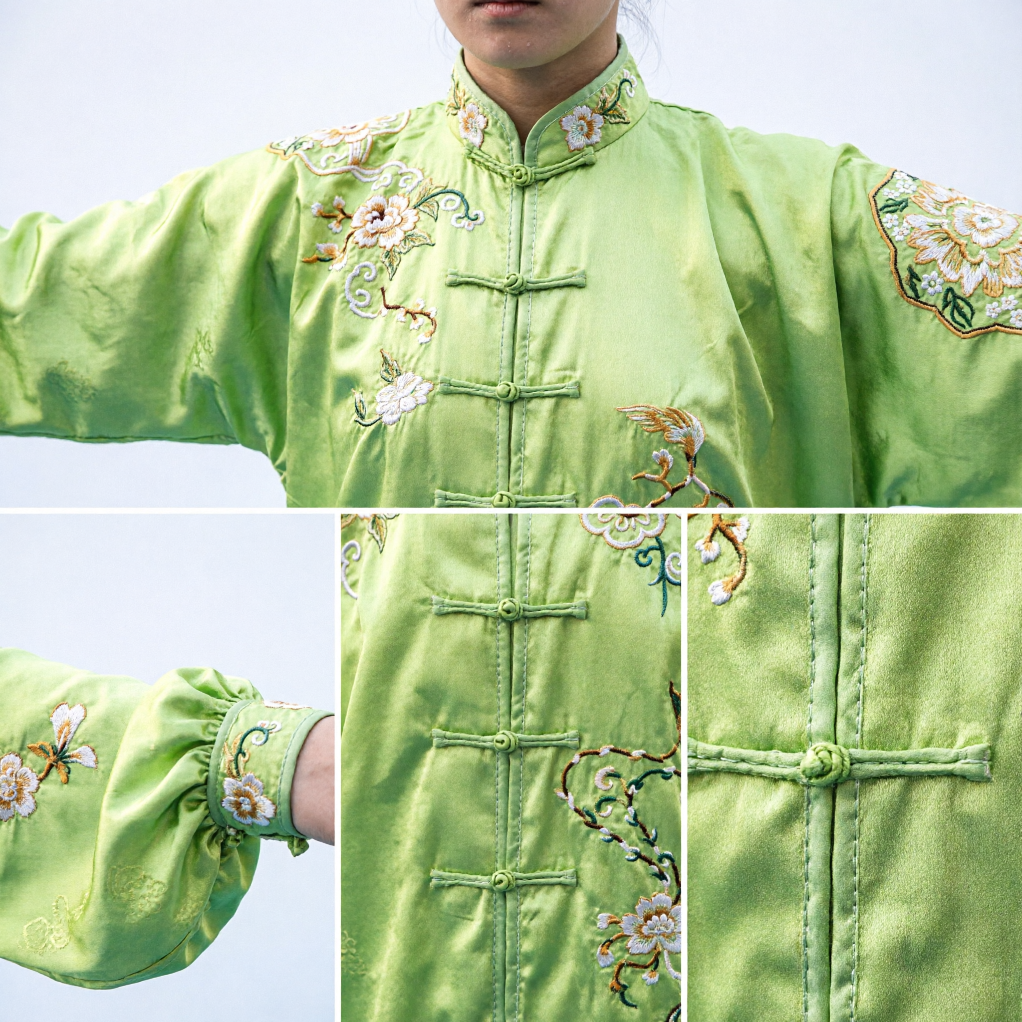 Uniforme Tai Chi professionnel pour femmes en soie brodée vert lime - Tenue Wushu Kung Fu pour compétition - Asian Costume