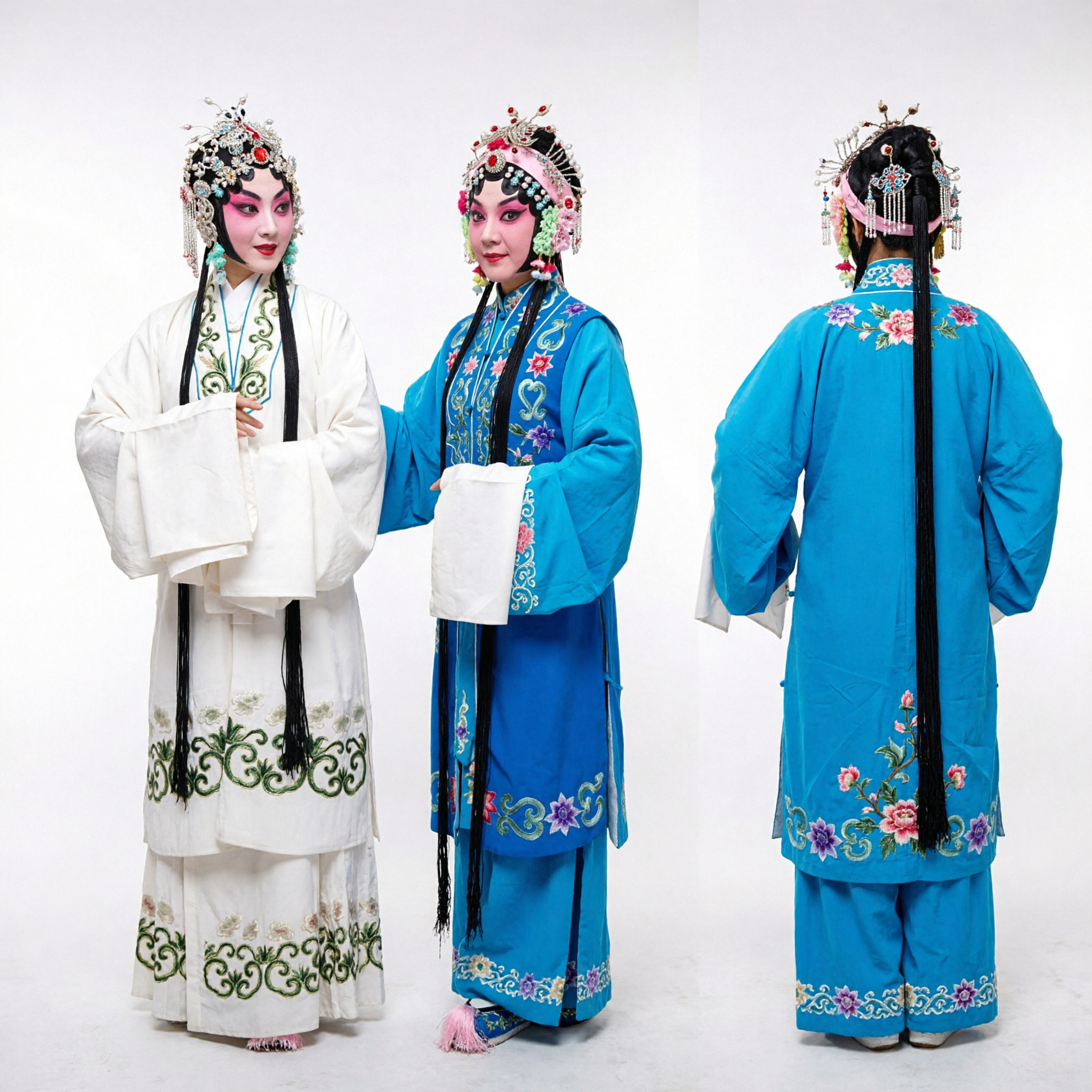 Conjunto de Trajes da Ópera Huangmei Tradicional Chinesa, Robes Bordados Azul e Branco para Performance de Palco e Dança Cultural - Asian Costume