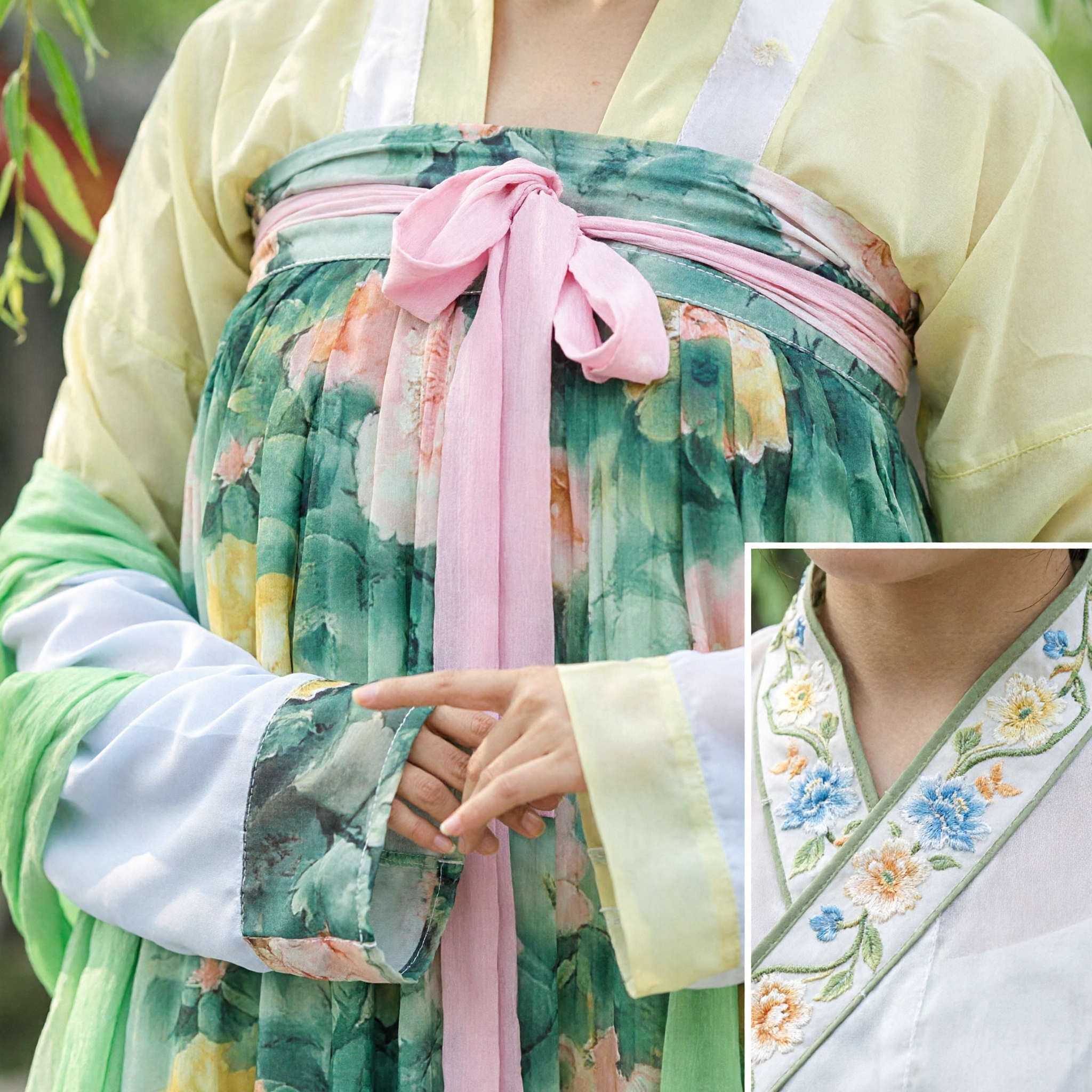 Элегантный зеленый цветочный комплект ханьфу эпохи Тан, цисюн жуцюнь, традиционная китайская одежда для женщин - Asian Costume