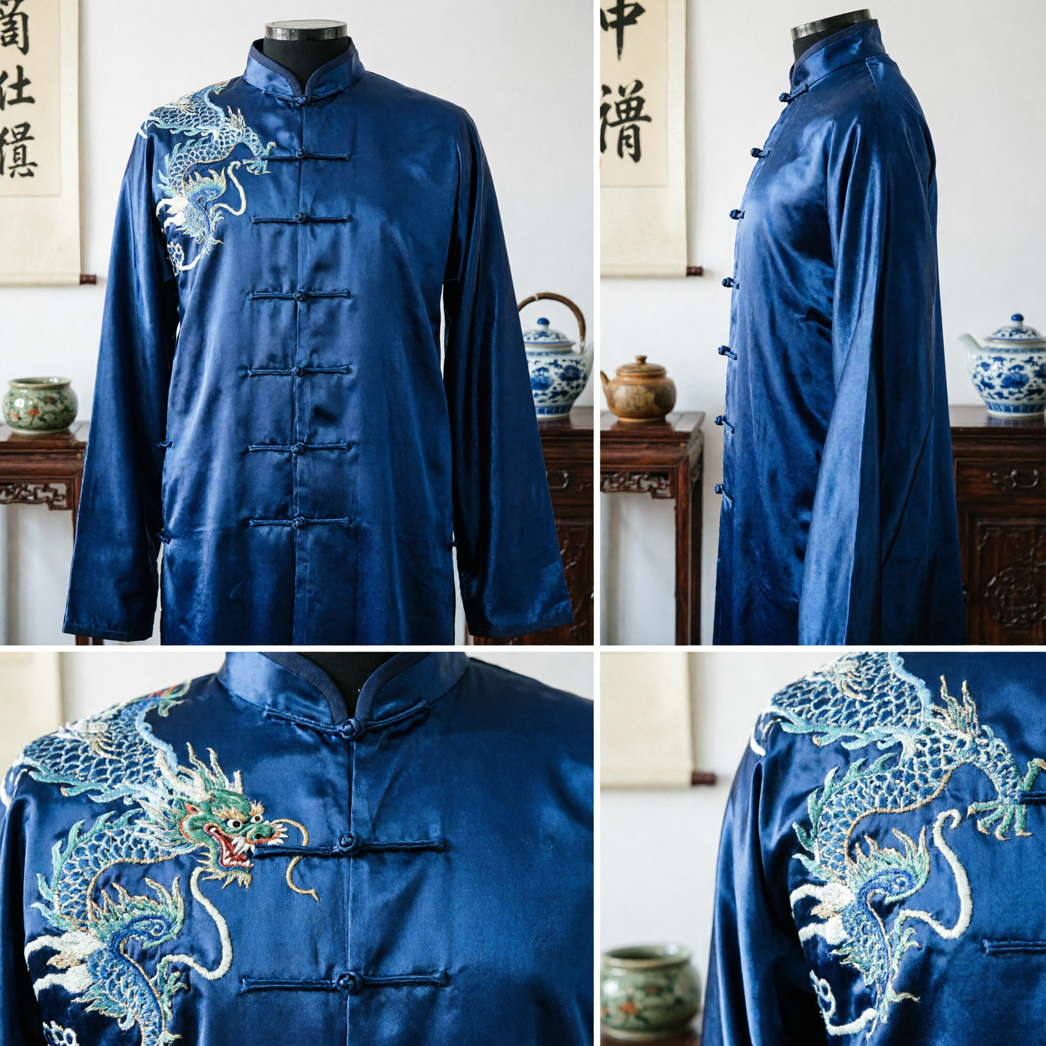 Costume de mariage Tang Suit traditionnel chinois pour hommes en satin marine avec broderie de dragon - Tenue Tai Chi Kung Fu - Asian Costume